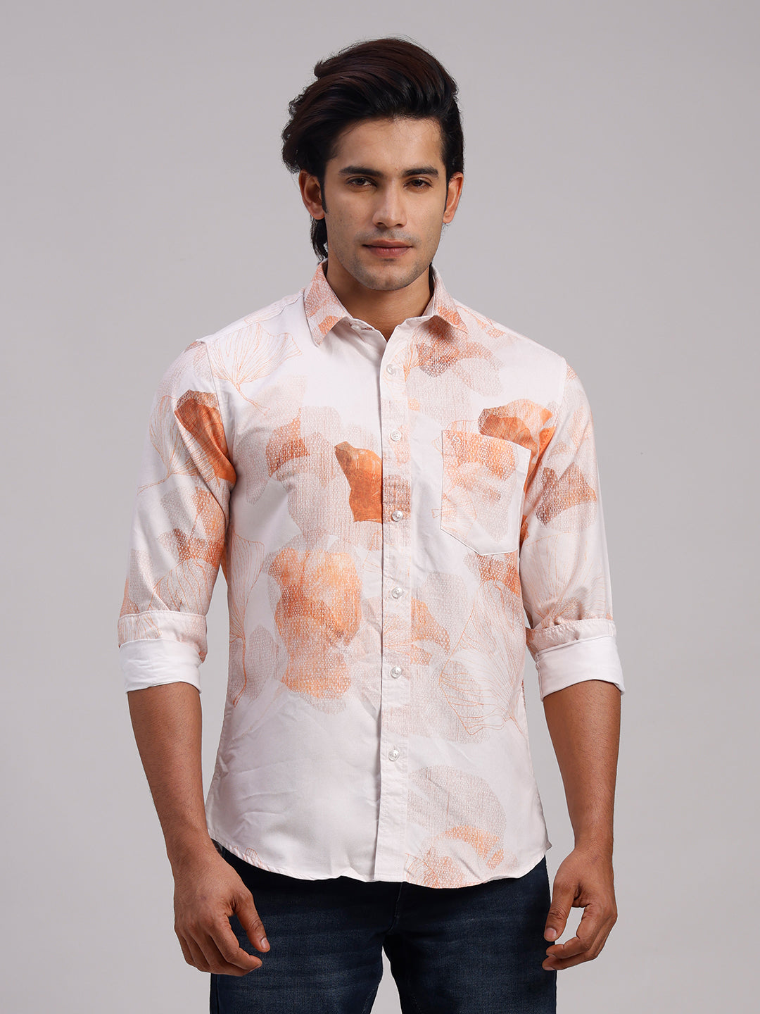 Classic Polo Men's Full Sleeve White/Orange Polo Neck Slim Fit All-Over Print Cotton Casual Shirt | SR1-CL-15 A-FS-PRT-SF