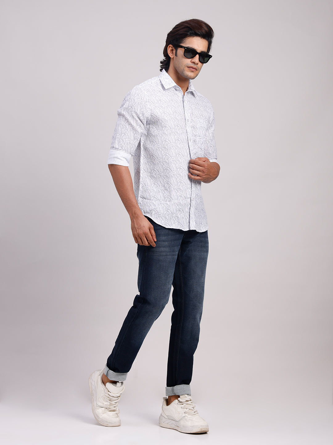 Classic Polo Men's Full Sleeve White/Grey Polo Neck Slim Fit All-Over Print Cotton Casual Shirt | SR1-CL-17 A-FS-PRT-SF