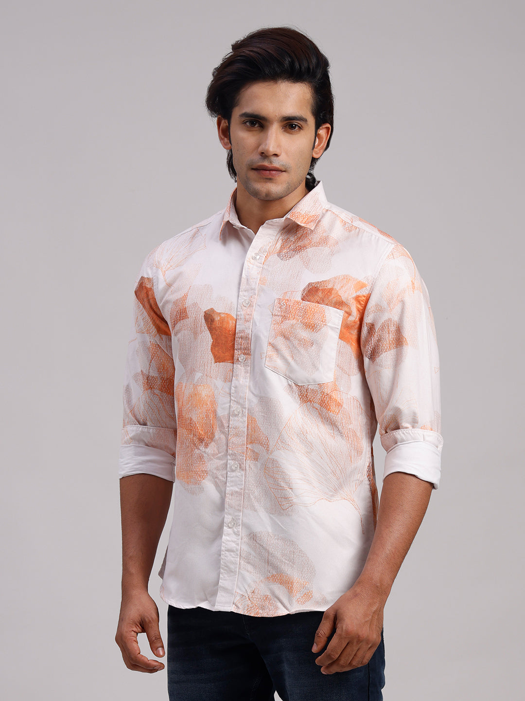 Classic Polo Men's Full Sleeve White/Orange Polo Neck Slim Fit All-Over Print Cotton Casual Shirt | SR1-CL-15 A-FS-PRT-SF