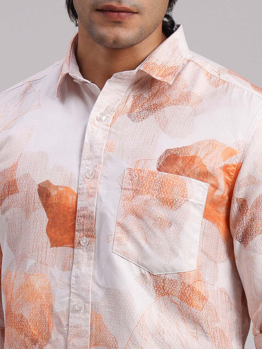 Classic Polo Men's Full Sleeve White/Orange Polo Neck Slim Fit All-Over Print Cotton Casual Shirt | SR1-CL-15 A-FS-PRT-SF