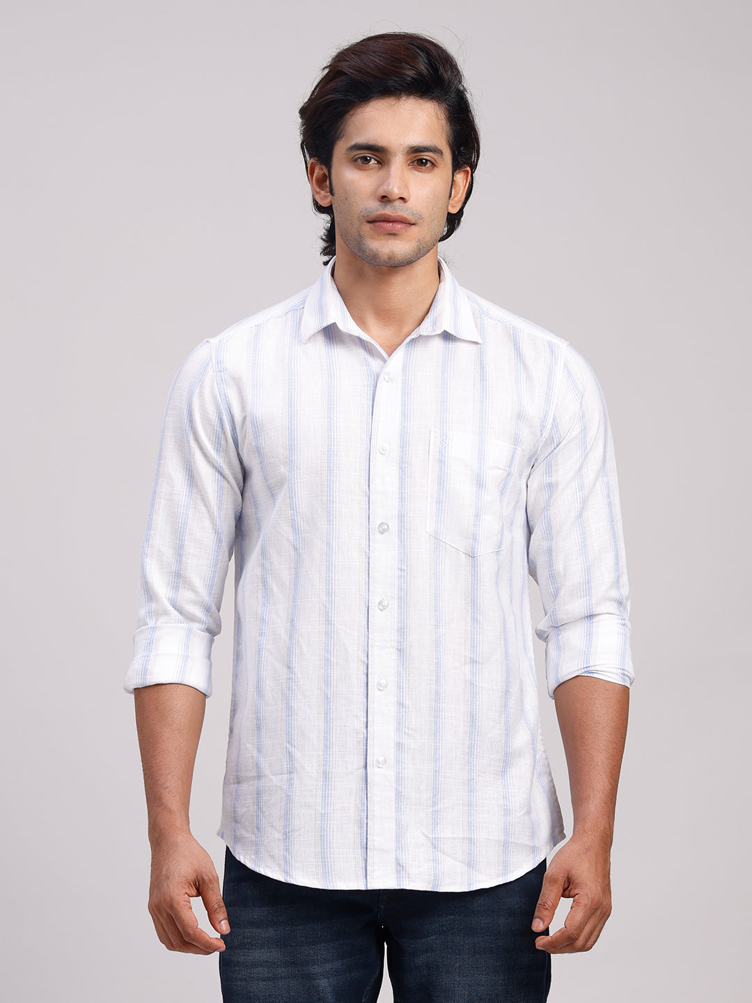 Classic Polo Men's Full Sleeve White/Light Blue Polo Neck Slim Fit Striped Cotton Casual Shirt | LSHR1-CL-19 B-FS-STR-SF