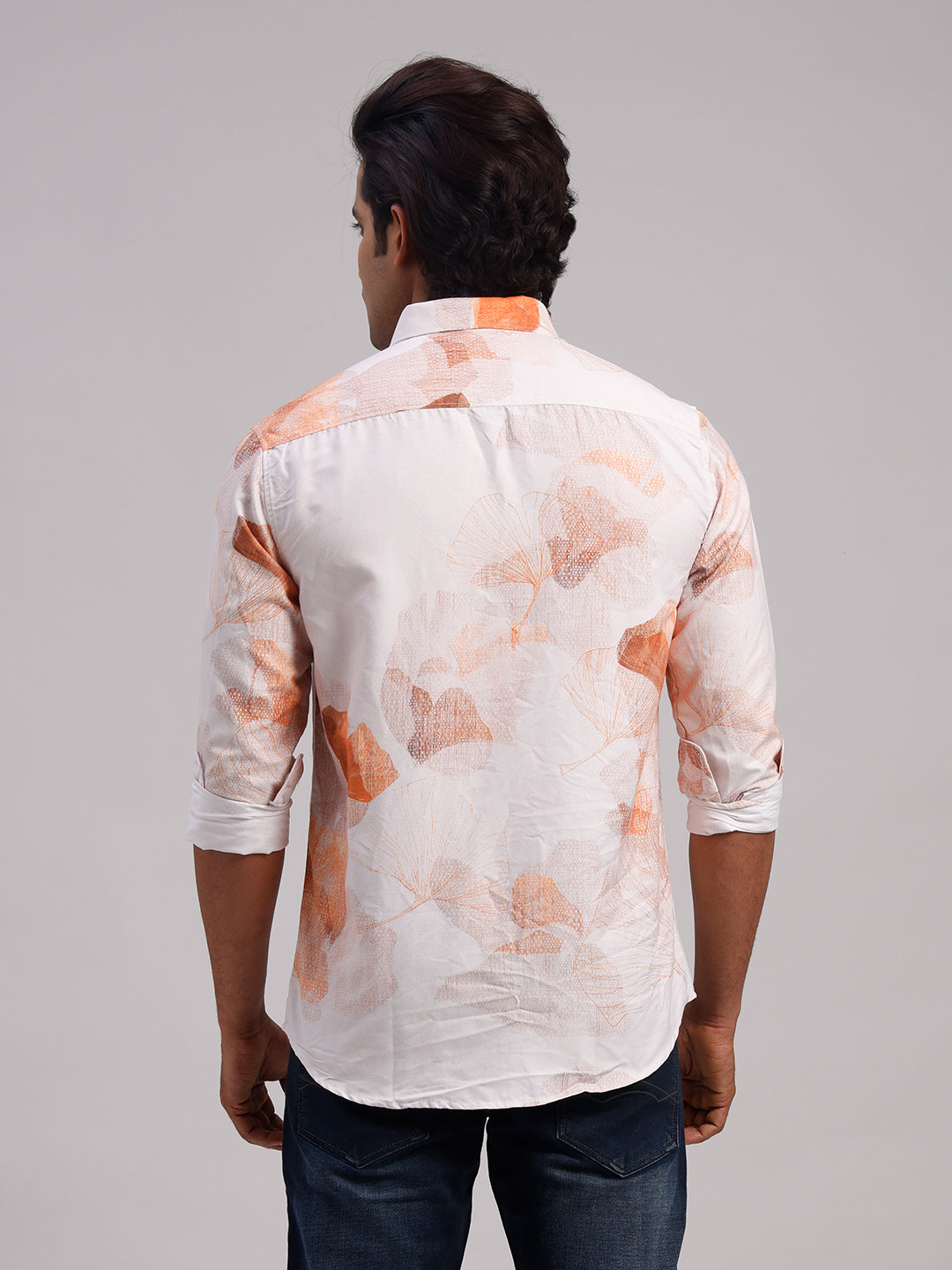 Classic Polo Men's Full Sleeve White/Orange Polo Neck Slim Fit All-Over Print Cotton Casual Shirt | SR1-CL-15 A-FS-PRT-SF