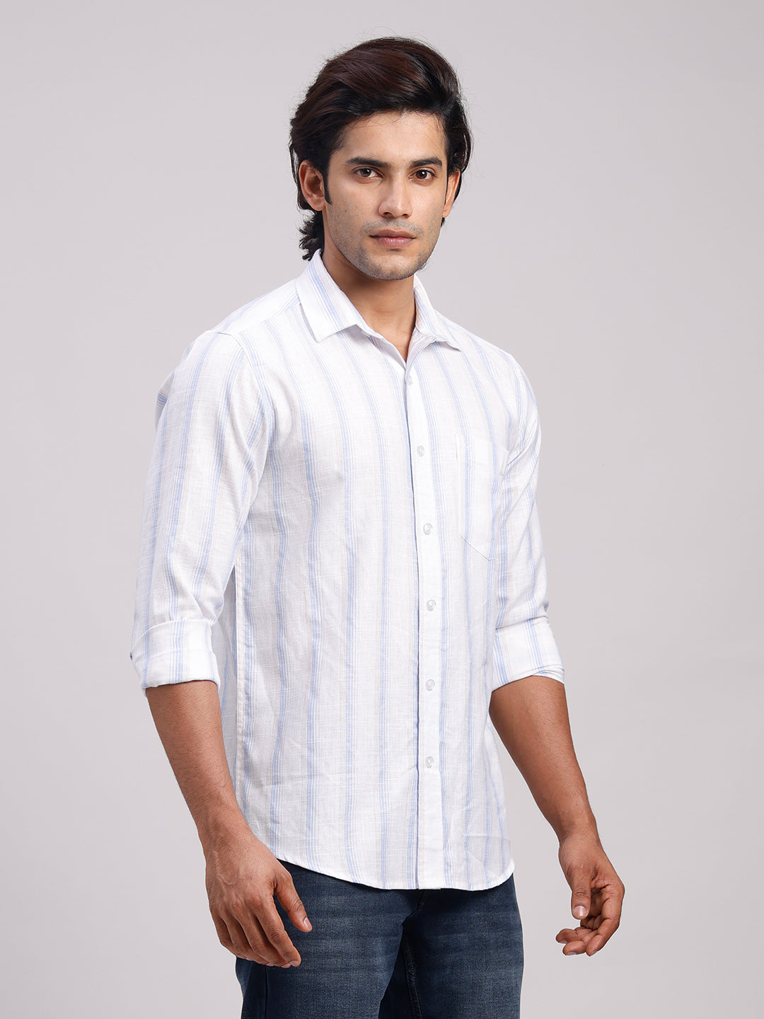 Classic Polo Men's Full Sleeve White/Light Blue Polo Neck Slim Fit Striped Cotton Casual Shirt | LSHR1-CL-19 B-FS-STR-SF