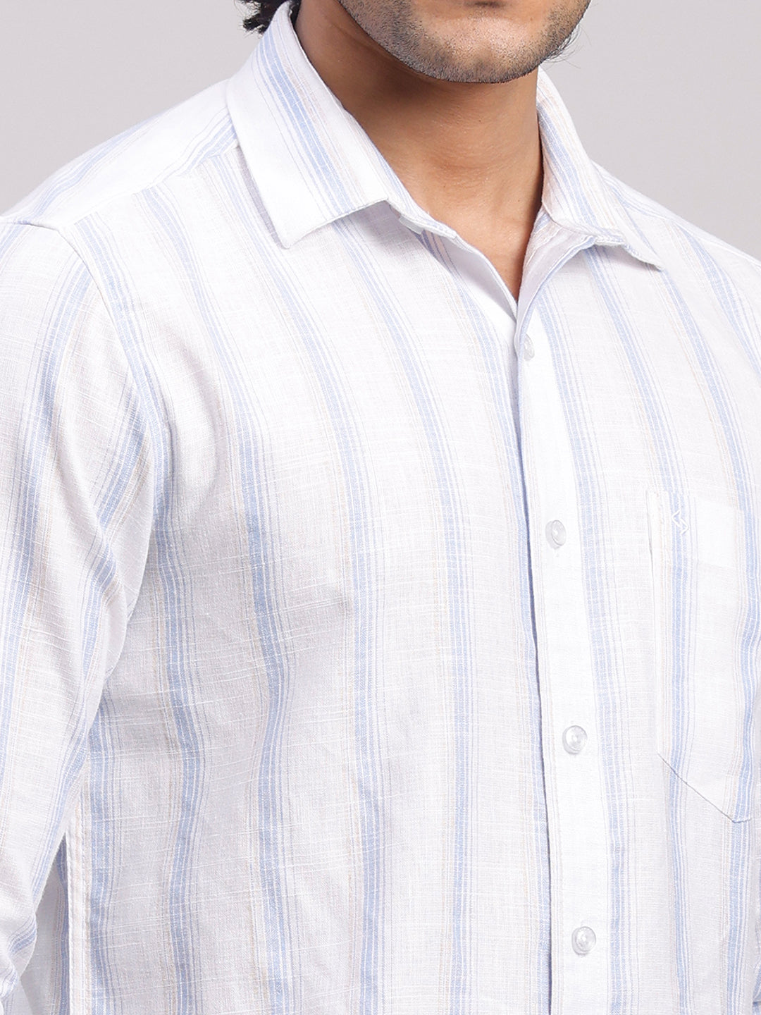 Classic Polo Men's Full Sleeve White/Light Blue Polo Neck Slim Fit Striped Cotton Casual Shirt | LSHR1-CL-19 B-FS-STR-SF