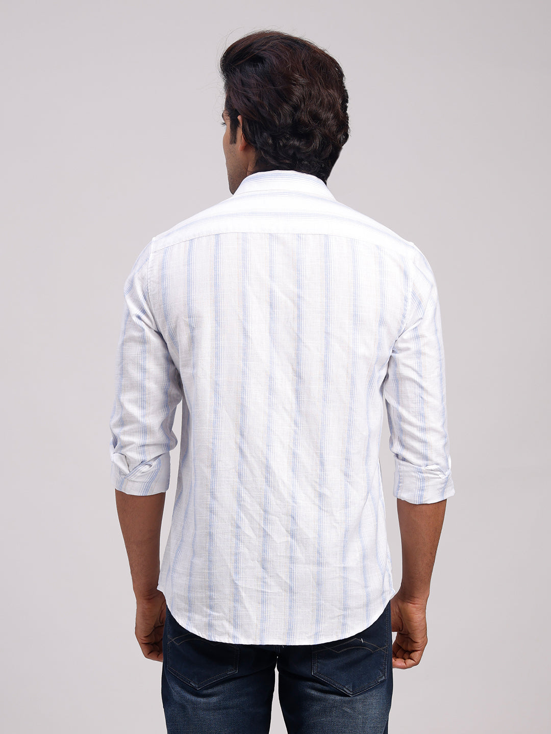 Classic Polo Men's Full Sleeve White/Light Blue Polo Neck Slim Fit Striped Cotton Casual Shirt | LSHR1-CL-19 B-FS-STR-SF