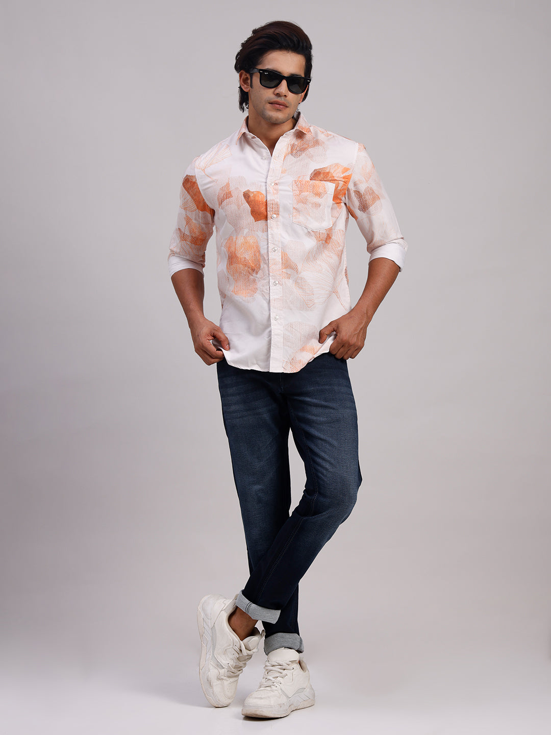 Classic Polo Men's Full Sleeve White/Orange Polo Neck Slim Fit All-Over Print Cotton Casual Shirt | SR1-CL-15 A-FS-PRT-SF