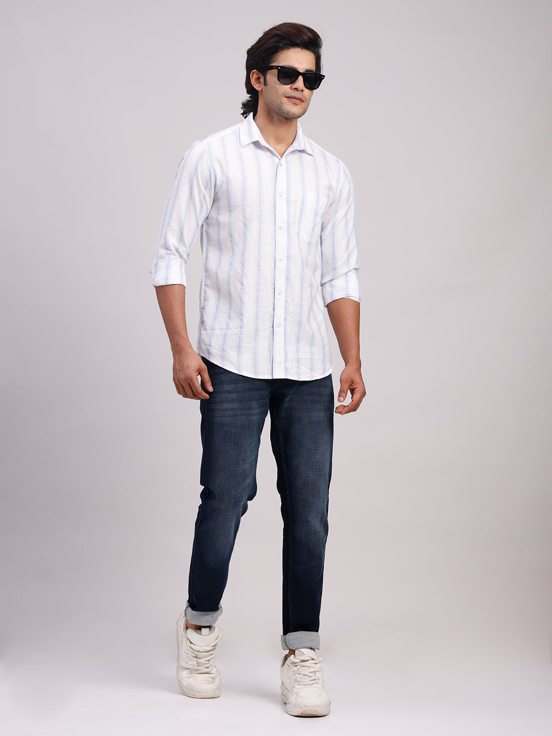 Classic Polo Men's Full Sleeve White/Light Blue Polo Neck Slim Fit Striped Cotton Casual Shirt | LSHR1-CL-19 B-FS-STR-SF
