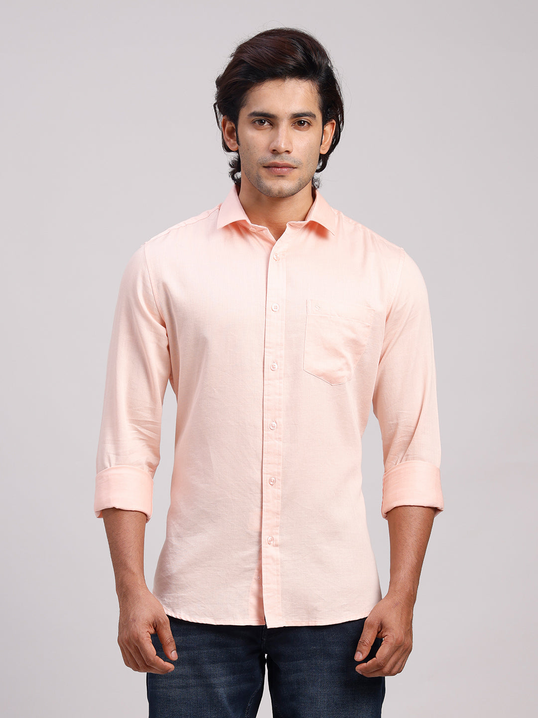 Classic Polo Men's Full Sleeve Light Orange Polo Neck Slim Fit Solid Cotton Casual Shirt | LSHR1-EL-18 A-FS-SLD-SF