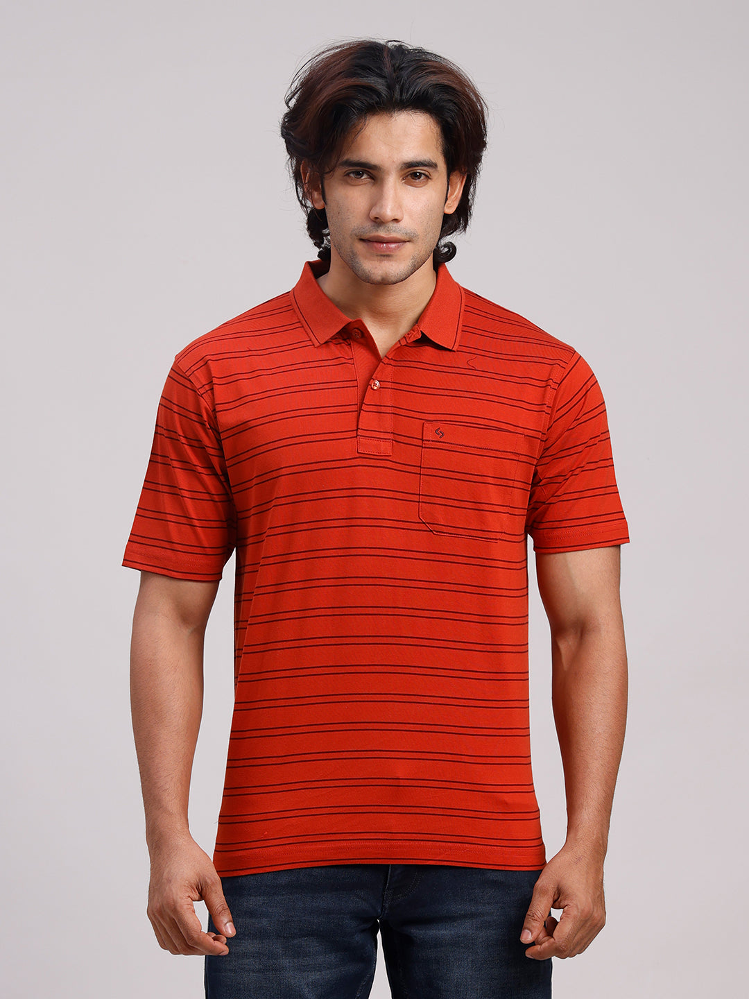 Classic Polo Men's Half Sleeve Rust Polo Neck Authentic Fit Striped Cotton T-Shirt | AP - 158 B AF P