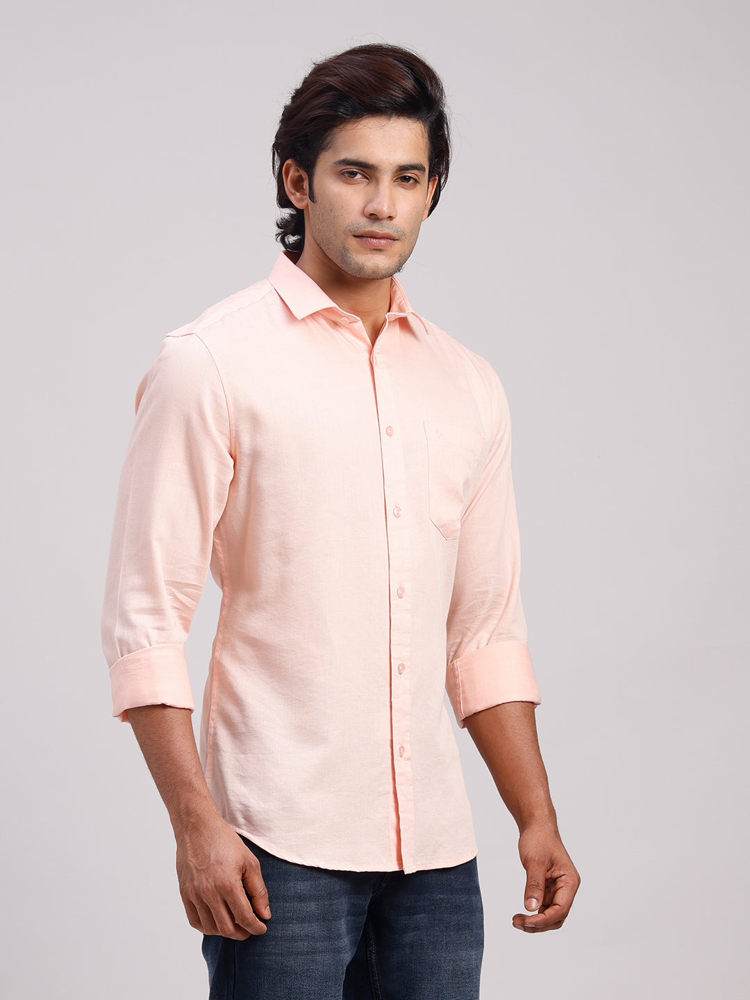Classic Polo Men's Full Sleeve Light Orange Polo Neck Slim Fit Solid Cotton Casual Shirt | LSHR1-EL-18 A-FS-SLD-SF