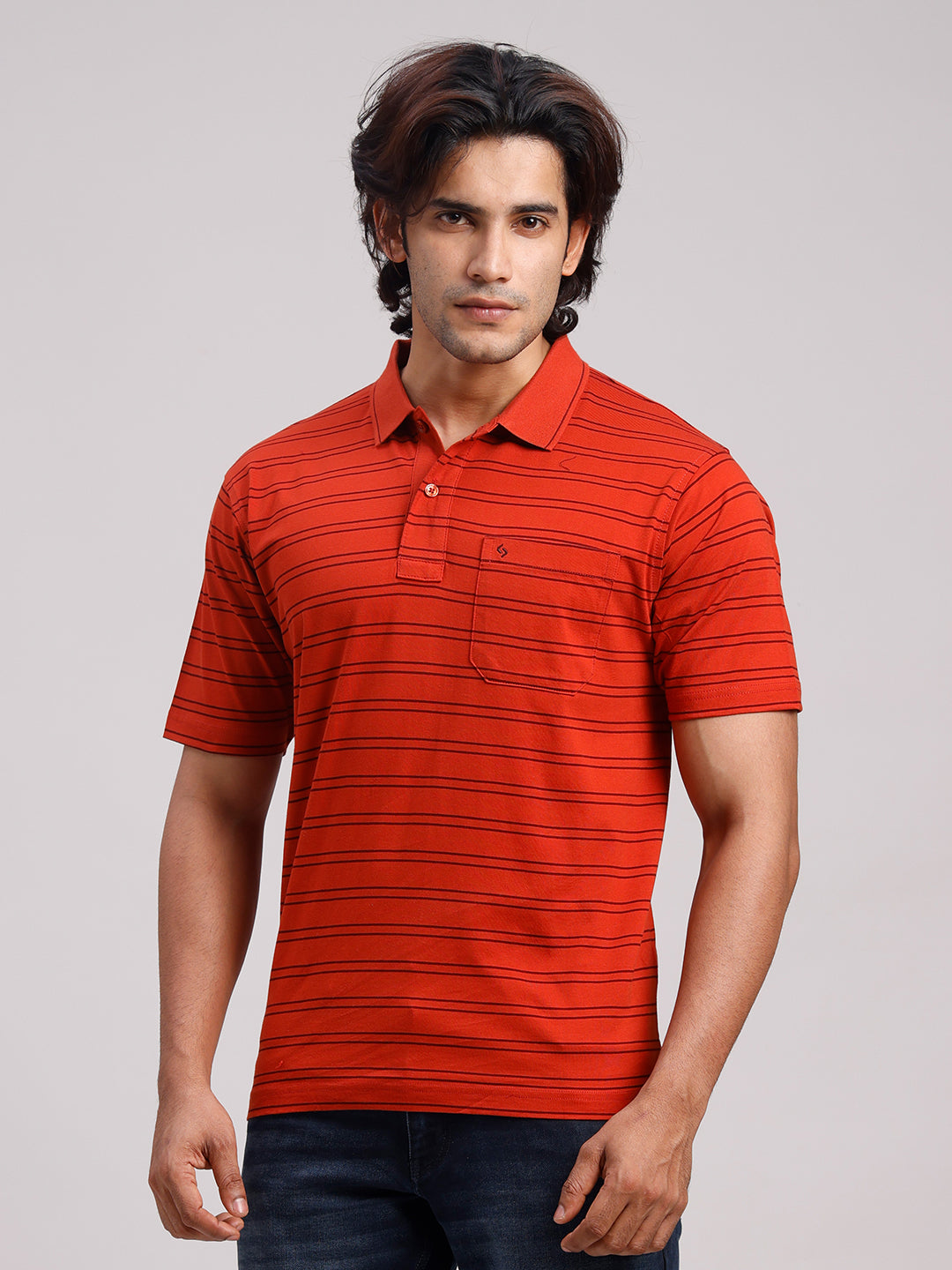 Classic Polo Men's Half Sleeve Rust Polo Neck Authentic Fit Striped Cotton T-Shirt | AP - 158 B AF P