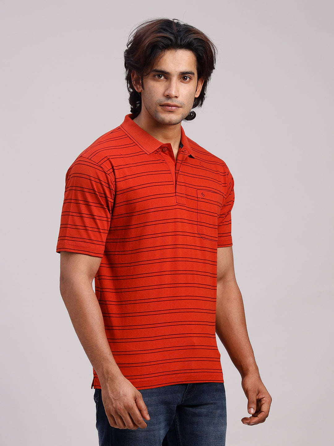 Classic Polo Men's Half Sleeve Rust Polo Neck Authentic Fit Striped Cotton T-Shirt | AP - 158 B AF P