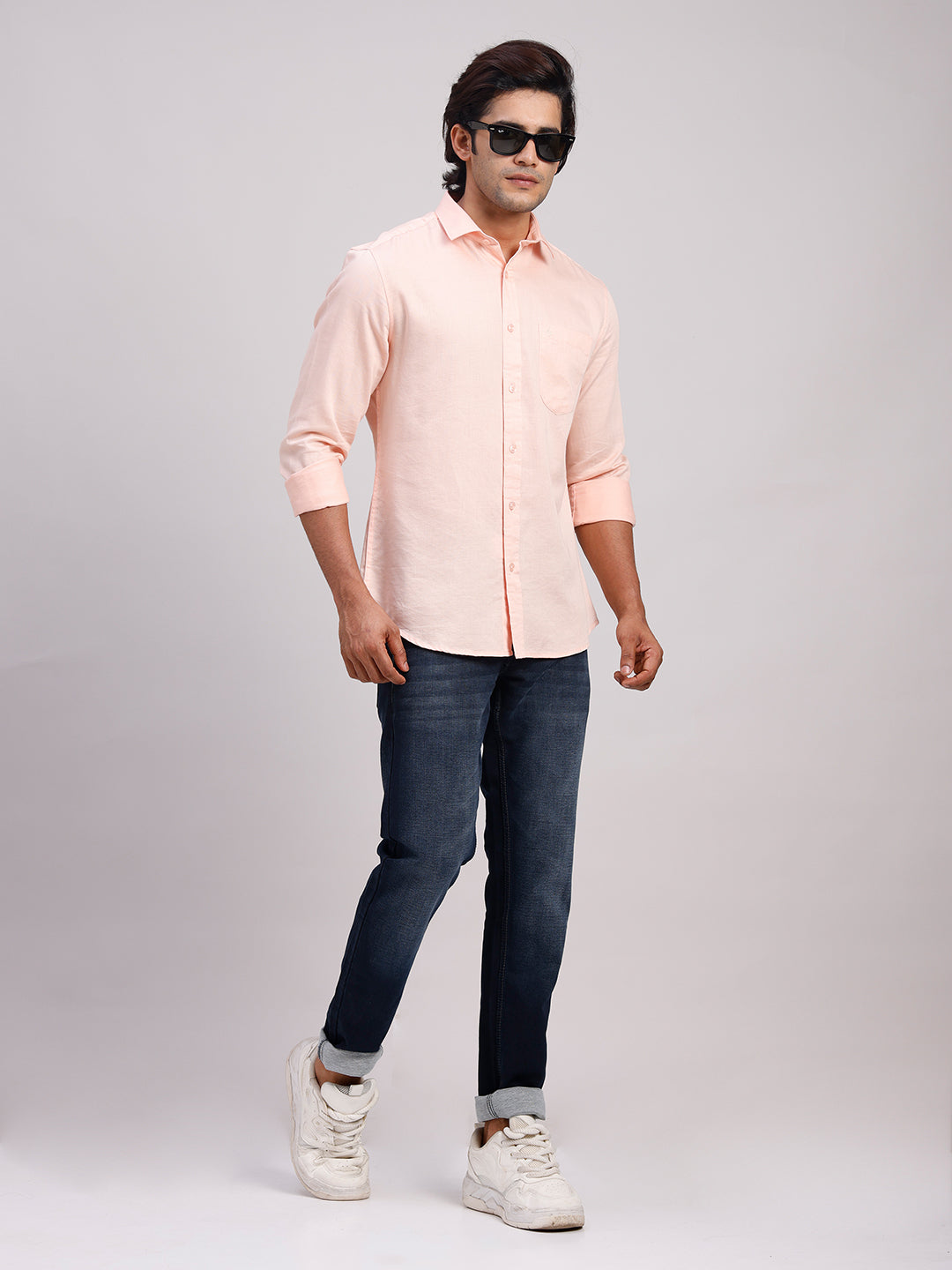 Classic Polo Men's Full Sleeve Light Orange Polo Neck Slim Fit Solid Cotton Casual Shirt | LSHR1-EL-18 A-FS-SLD-SF