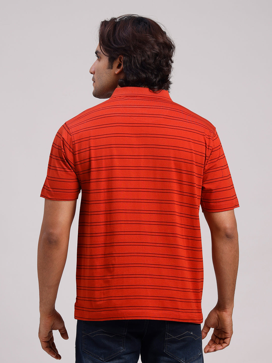 Classic Polo Men's Half Sleeve Rust Polo Neck Authentic Fit Striped Cotton T-Shirt | AP - 158 B AF P