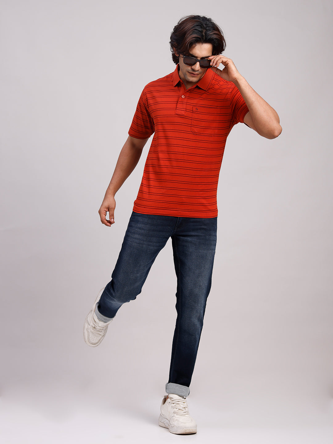 Classic Polo Men's Half Sleeve Rust Polo Neck Authentic Fit Striped Cotton T-Shirt | AP - 158 B AF P