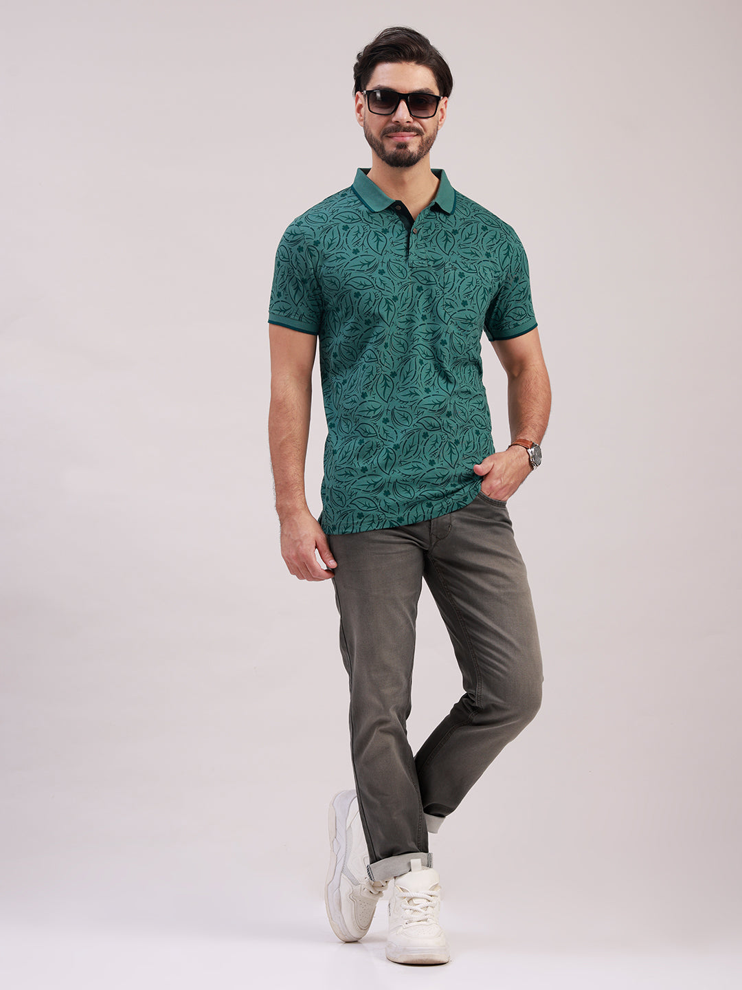 Classic Polo Men's Half Sleeve Dark Green Polo Neck Slim Fit All-Over Print Cotton T-Shirt | LTS-AOP - 126 B SF P