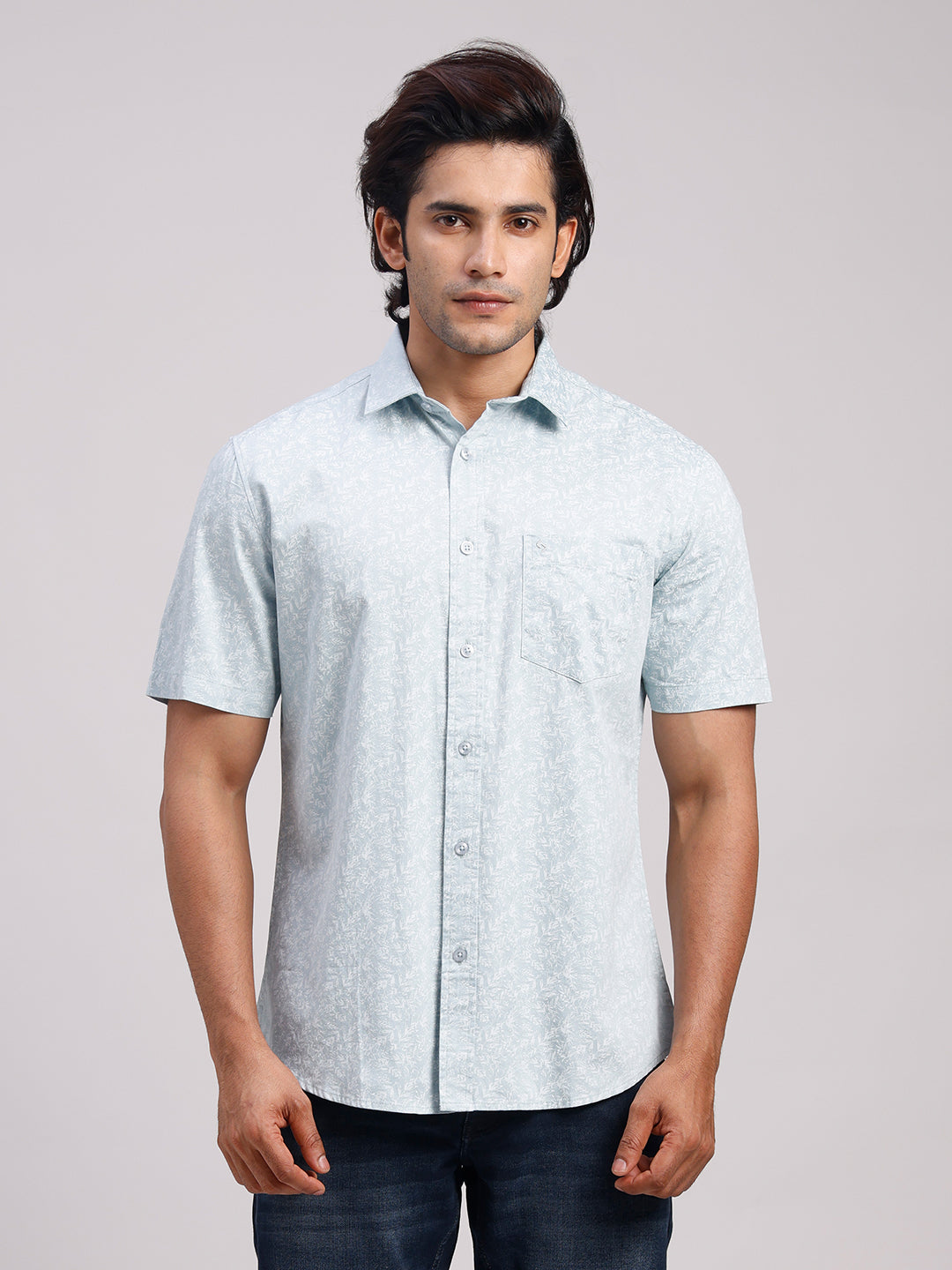 Classic Polo Men's Half Sleeve Light Blue/White Polo Neck Slim Fit All-Over Print Cotton Casual Shirt | LSHR1-CL-18 B-HS-PRT-SF