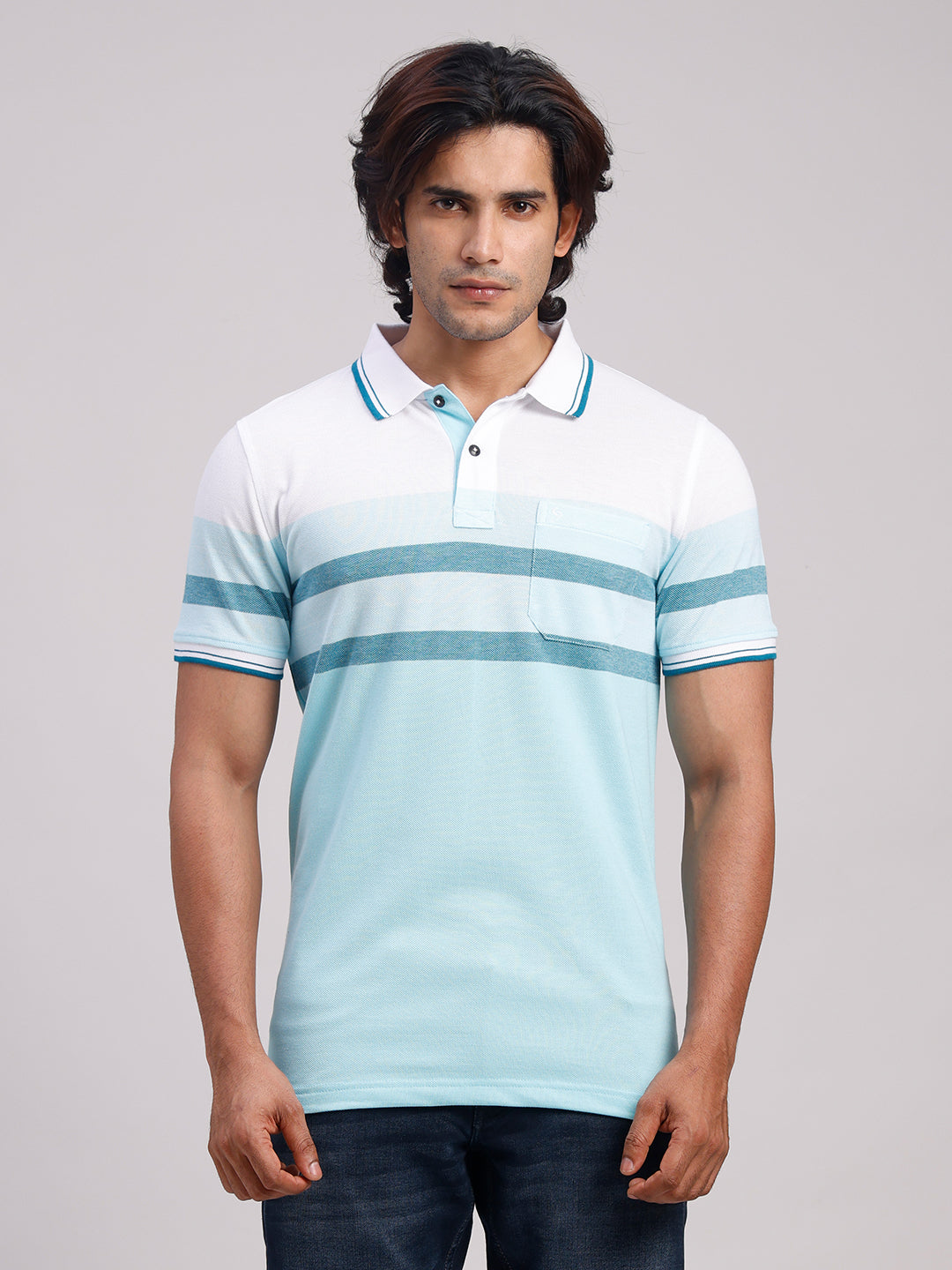 Classic Polo Men's Half Sleeve Blue/White Polo Neck Slim Fit Colorblock Cotton Blend T-Shirt | VTA - 334 A SF P