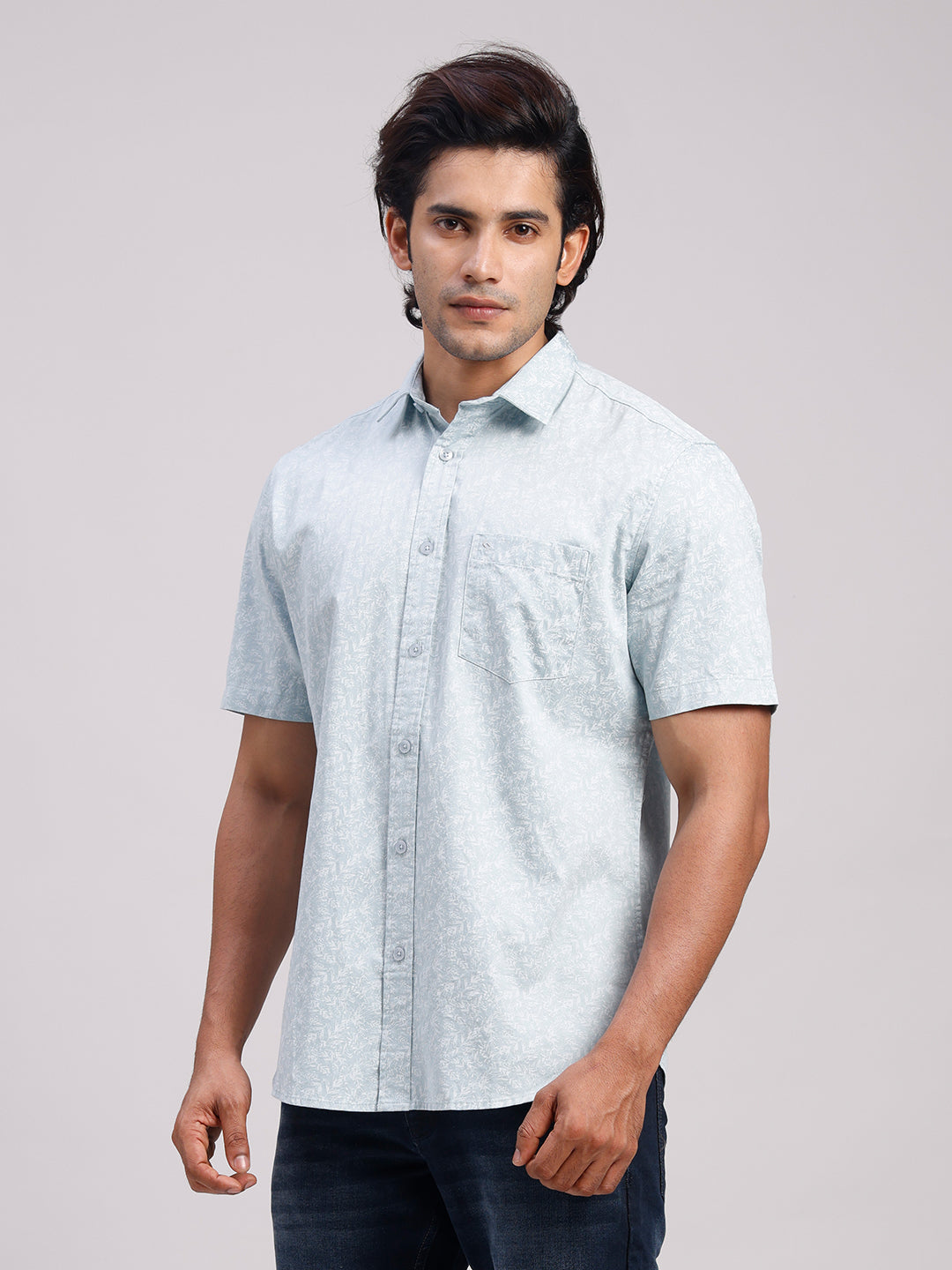 Classic Polo Men's Half Sleeve Light Blue/White Polo Neck Slim Fit All-Over Print Cotton Casual Shirt | LSHR1-CL-18 B-HS-PRT-SF