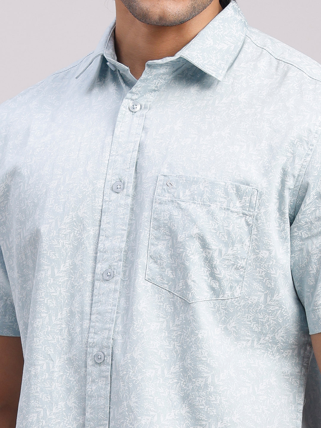 Classic Polo Men's Half Sleeve Light Blue/White Polo Neck Slim Fit All-Over Print Cotton Casual Shirt | LSHR1-CL-18 B-HS-PRT-SF