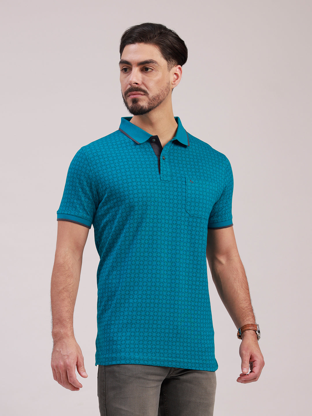 Classic Polo Men's Half Sleeve Turquoise Blue Polo Neck Slim Fit All-Over Print Cotton T-Shirt | BELLO - 397 B SF P