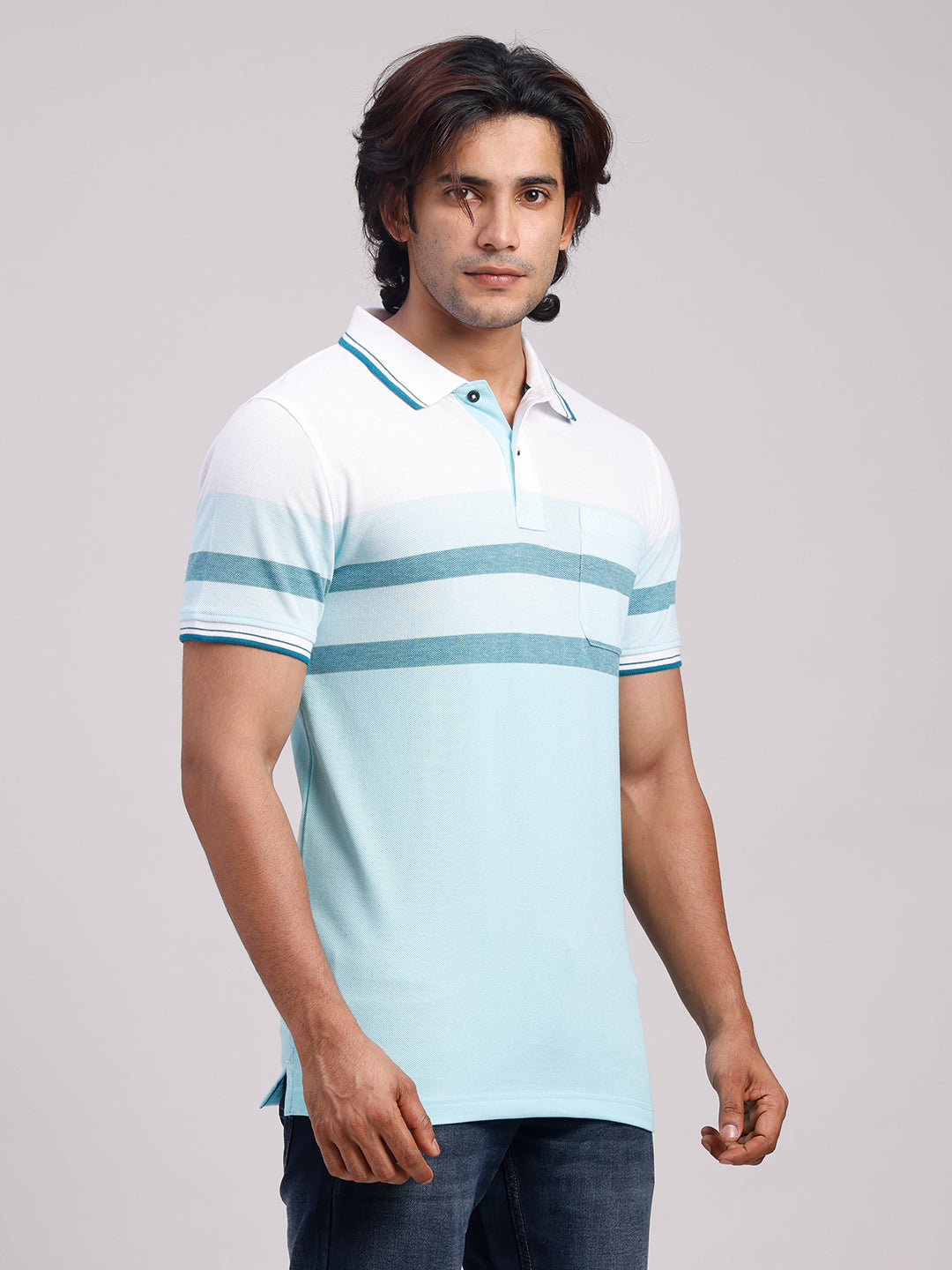 Classic Polo Men's Half Sleeve Blue/White Polo Neck Slim Fit Colorblock Cotton Blend T-Shirt | VTA - 334 A SF P