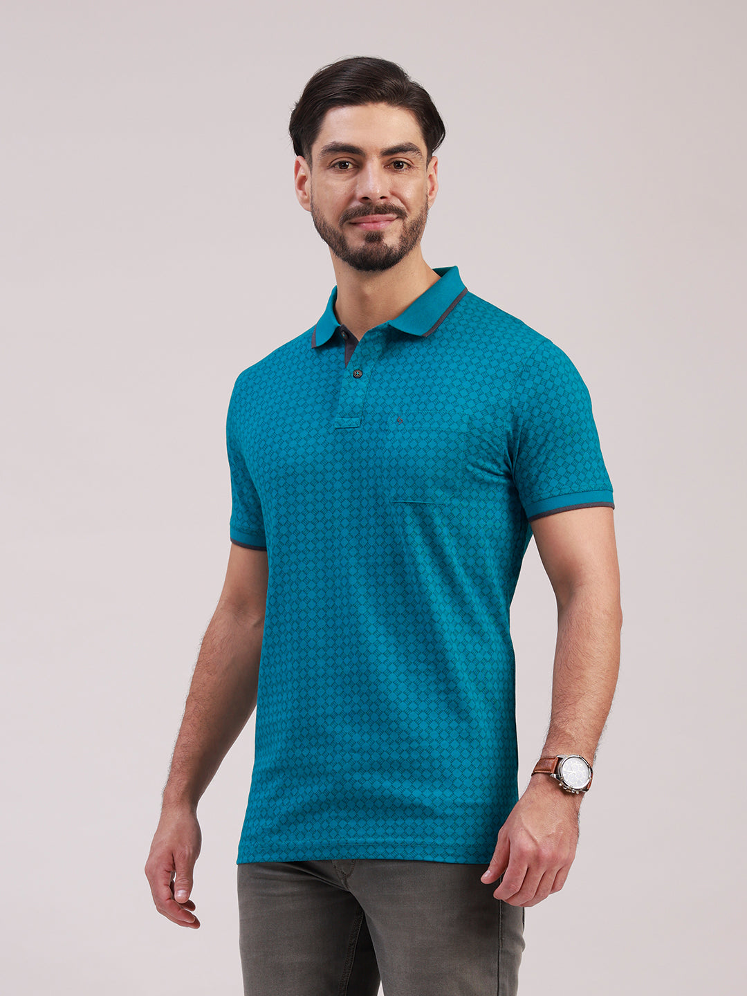 Classic Polo Men's Half Sleeve Turquoise Blue Polo Neck Slim Fit All-Over Print Cotton T-Shirt | BELLO - 397 B SF P