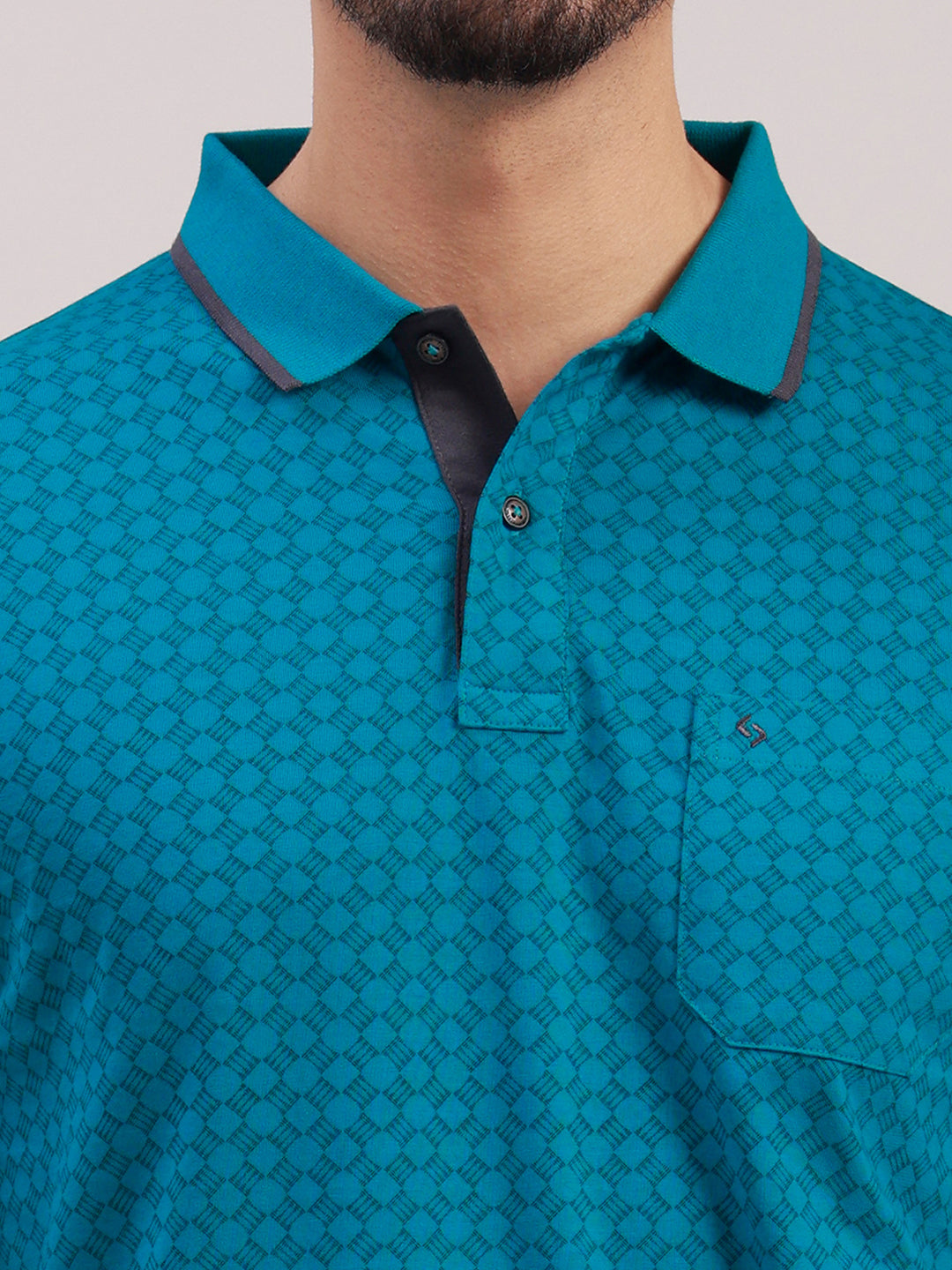 Classic Polo Men's Half Sleeve Turquoise Blue Polo Neck Slim Fit All-Over Print Cotton T-Shirt | BELLO - 397 B SF P