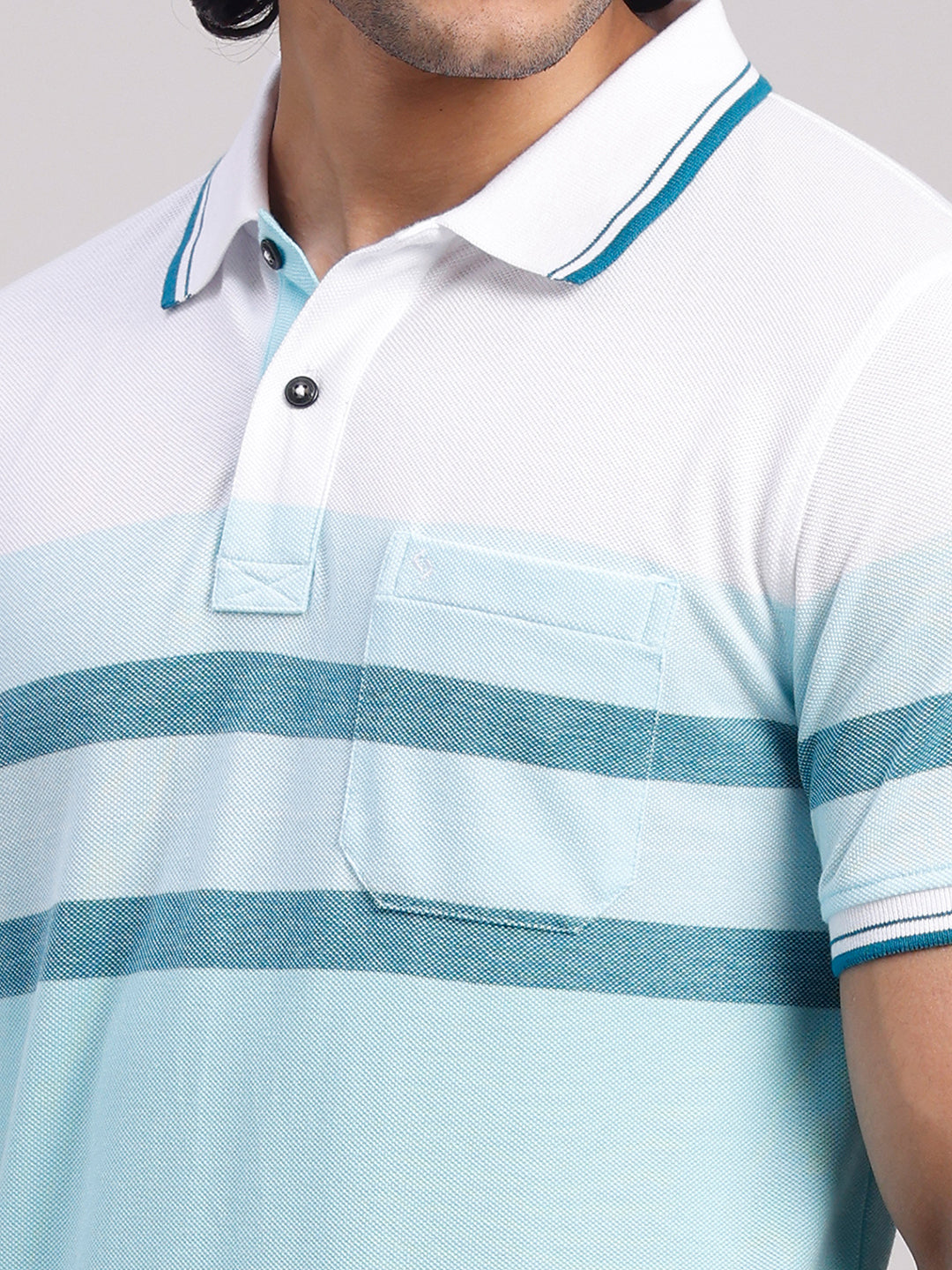 Classic Polo Men's Half Sleeve Blue/White Polo Neck Slim Fit Colorblock Cotton Blend T-Shirt | VTA - 334 A SF P