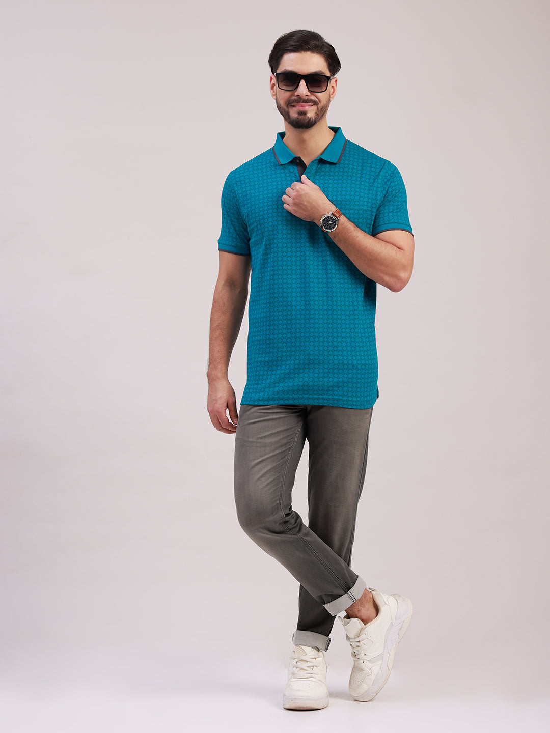 Classic Polo Men's Half Sleeve Turquoise Blue Polo Neck Slim Fit All-Over Print Cotton T-Shirt | BELLO - 397 B SF P