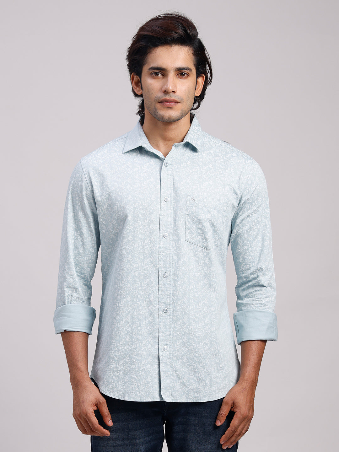 Classic Polo Men's Full Sleeve Light Blue/White Polo Neck Slim Fit All-Over Print Cotton Casual Shirt | LSHR1-CL-18 B-FS-PRT-SF