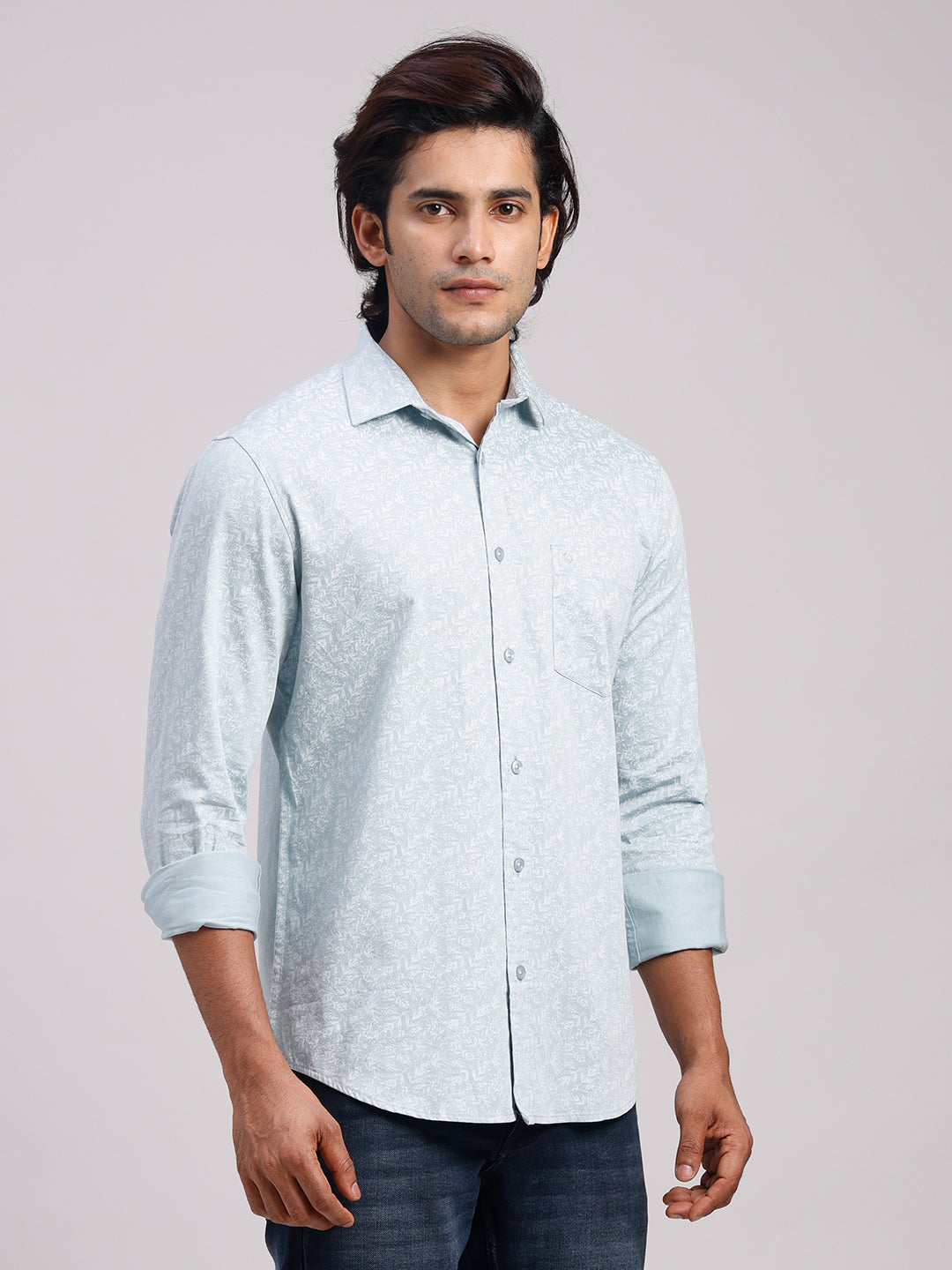 Classic Polo Men's Full Sleeve Light Blue/White Polo Neck Slim Fit All-Over Print Cotton Casual Shirt | LSHR1-CL-18 B-FS-PRT-SF