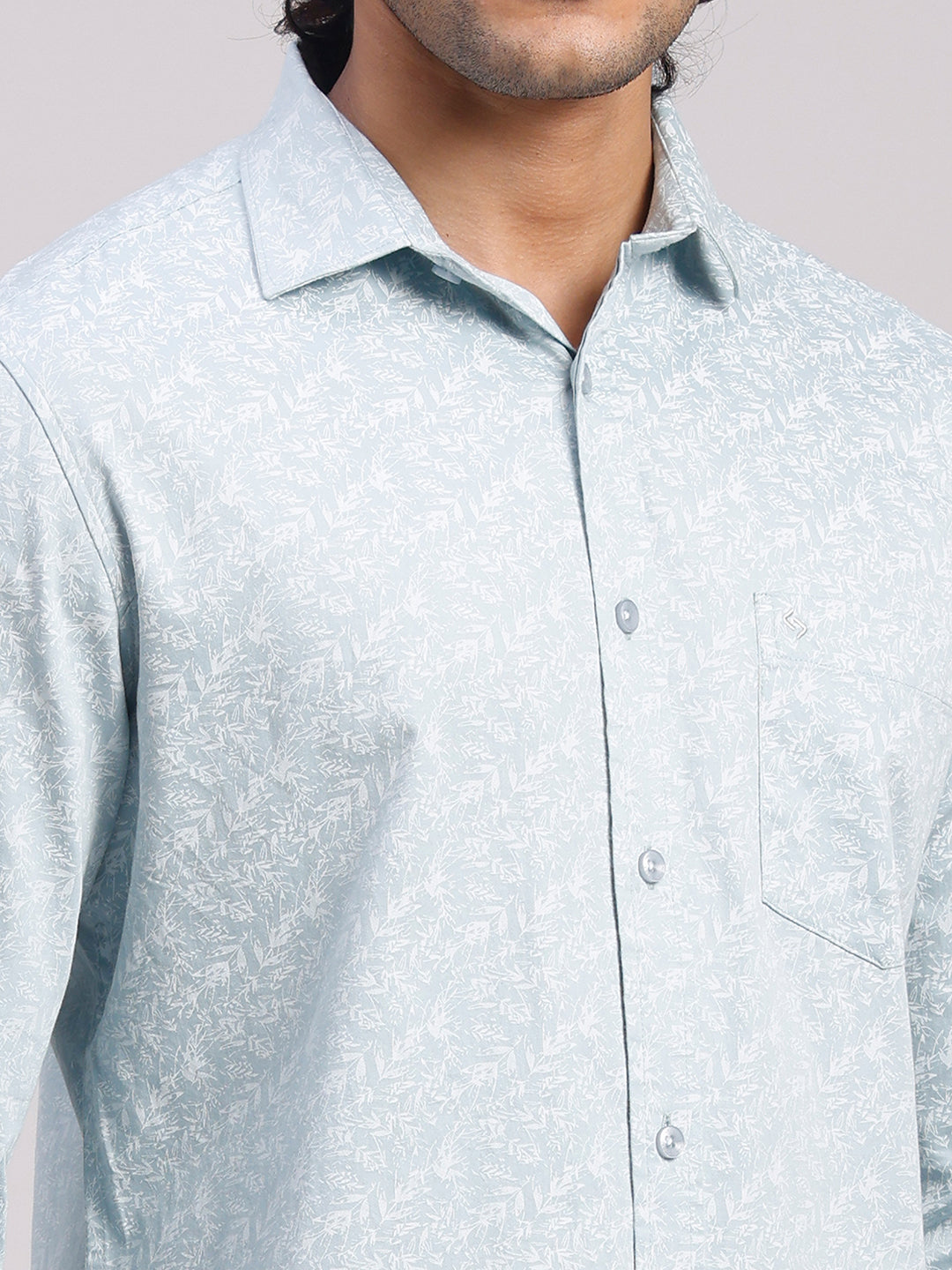Classic Polo Men's Full Sleeve Light Blue/White Polo Neck Slim Fit All-Over Print Cotton Casual Shirt | LSHR1-CL-18 B-FS-PRT-SF