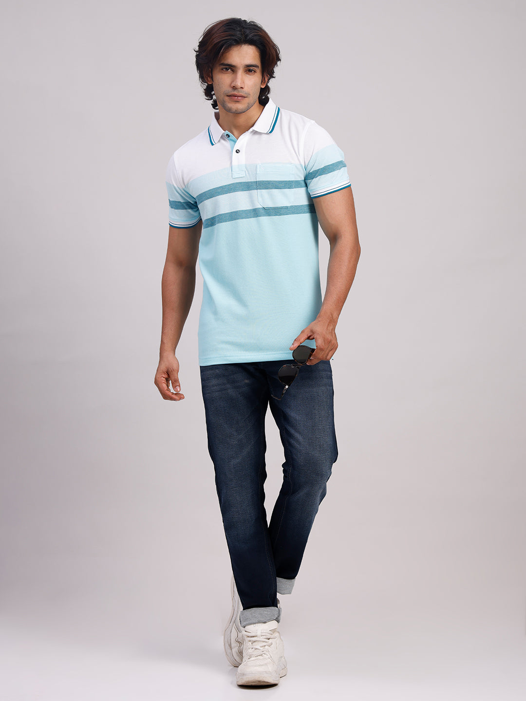 Classic Polo Men's Half Sleeve Blue/White Polo Neck Slim Fit Colorblock Cotton Blend T-Shirt | VTA - 334 A SF P