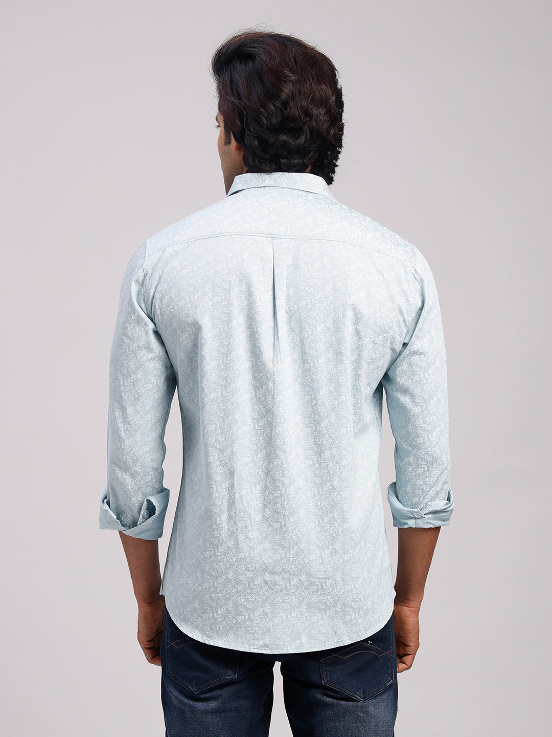 Classic Polo Men's Full Sleeve Light Blue/White Polo Neck Slim Fit All-Over Print Cotton Casual Shirt | LSHR1-CL-18 B-FS-PRT-SF
