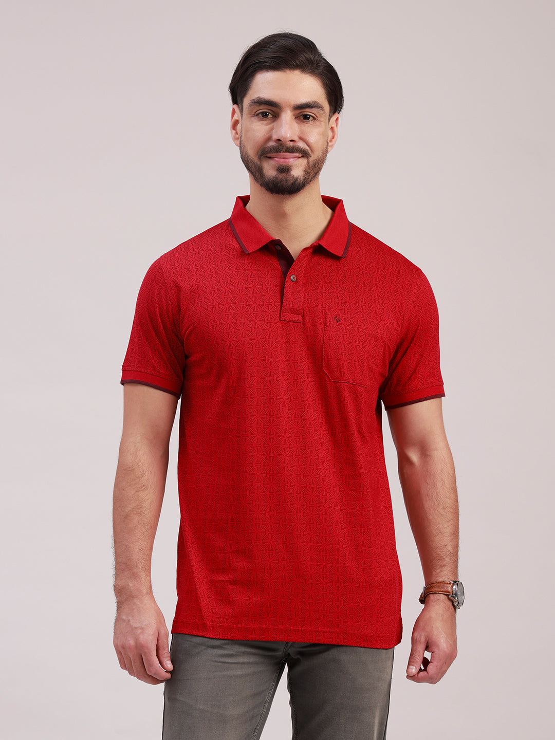 Classic Polo Men's Half Sleeve Red Polo Neck Slim Fit All-Over Print Cotton Blend T-Shirt | LTS-AOP - 125 A SF P