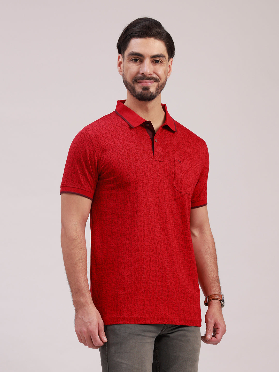 Classic Polo Men's Half Sleeve Red Polo Neck Slim Fit All-Over Print Cotton Blend T-Shirt | LTS-AOP - 125 A SF P