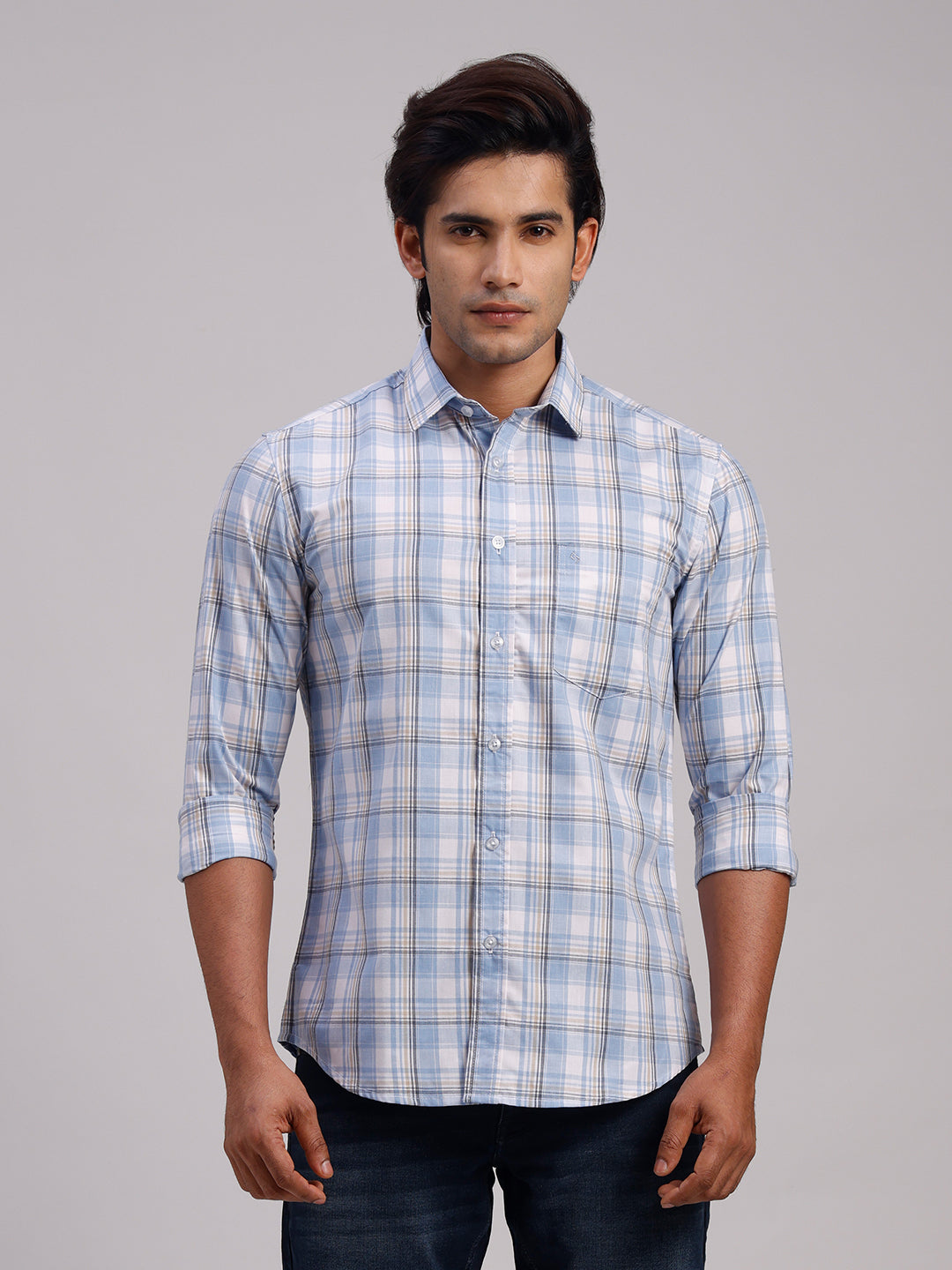 Classic Polo Men's Full Sleeve Blue/white Polo Neck Slim Fit Checked Cotton Casual Shirt | SR1-EL-12 B-FS-CHK-SF