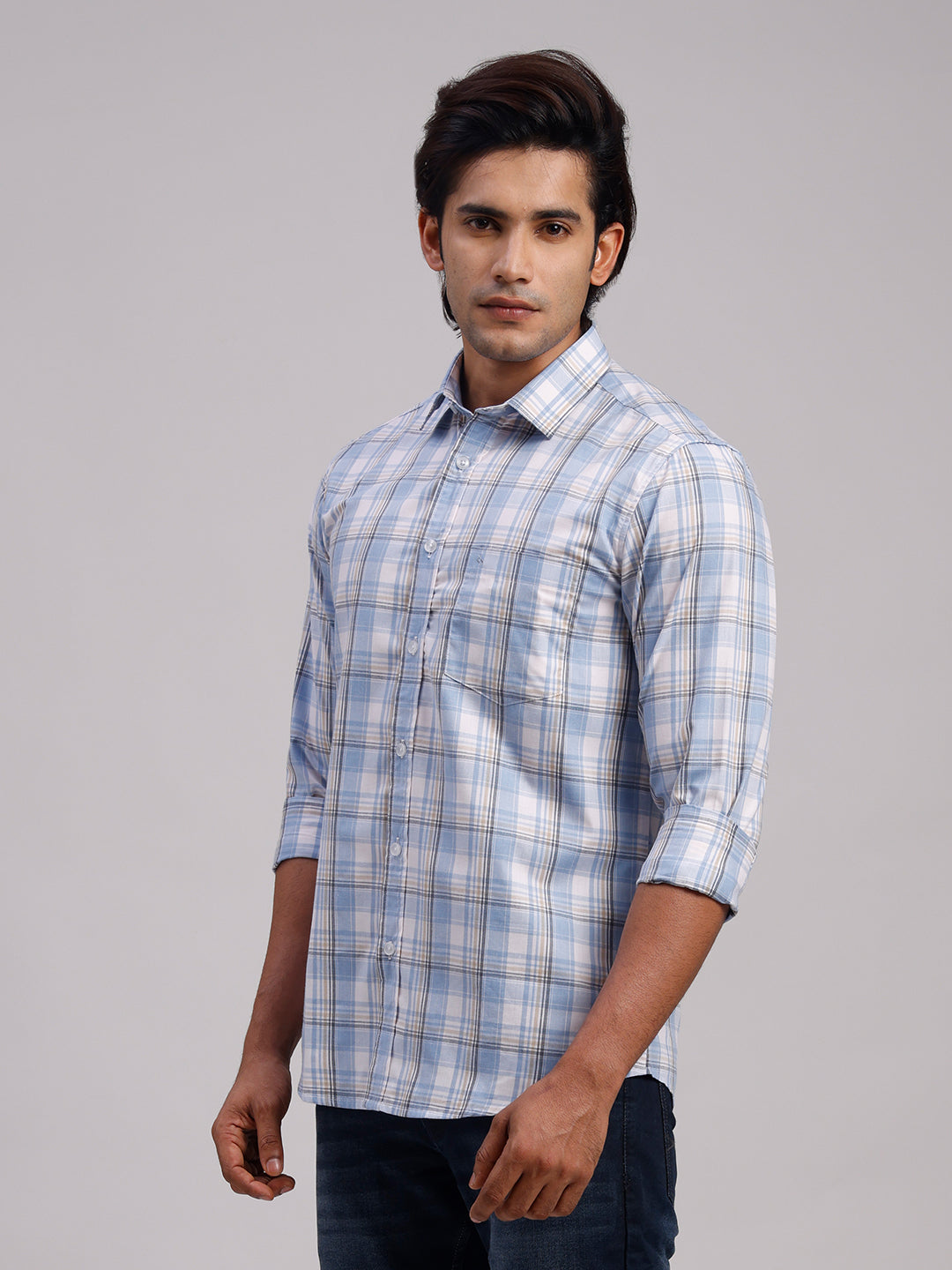 Classic Polo Men's Full Sleeve Blue/white Polo Neck Slim Fit Checked Cotton Casual Shirt | SR1-EL-12 B-FS-CHK-SF