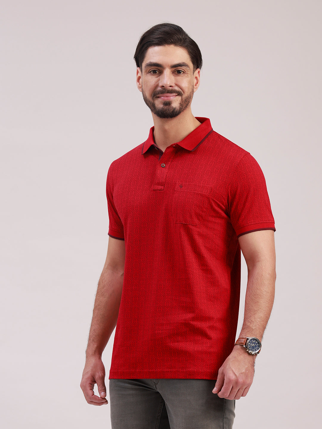 Classic Polo Men's Half Sleeve Red Polo Neck Slim Fit All-Over Print Cotton Blend T-Shirt | LTS-AOP - 125 A SF P