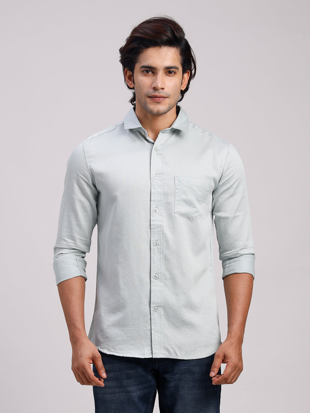 Classic Polo Men's Full Sleeve Light Green Polo Neck Slim Fit Solid Cotton Casual Shirt | LSHR1-GN-11 A-FS-SLD-SF