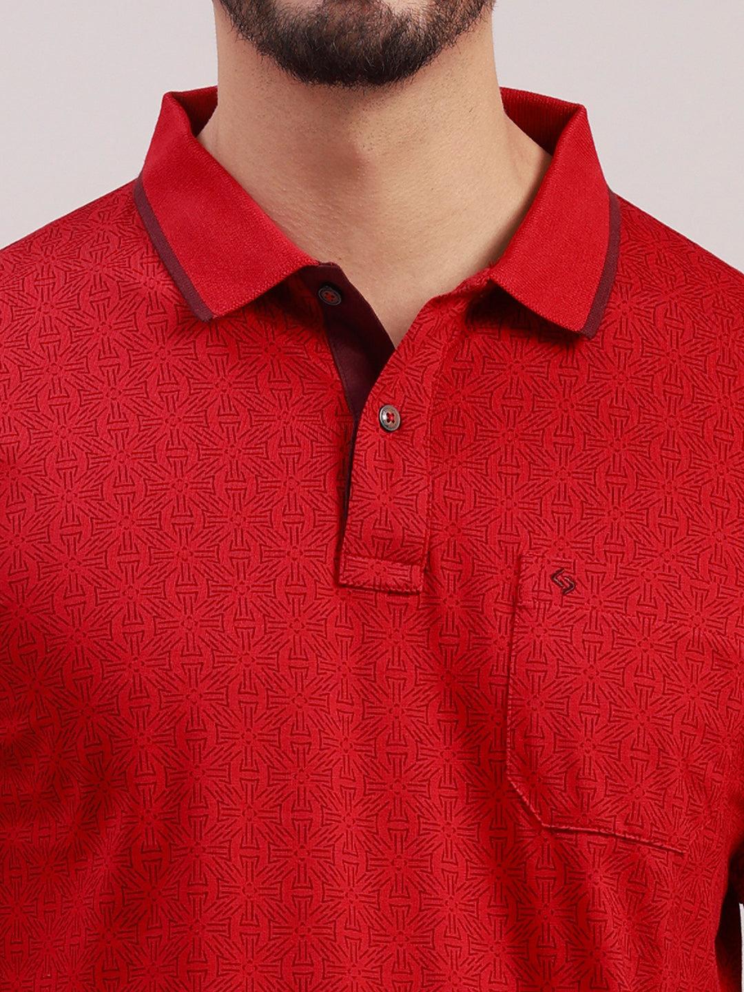 Classic Polo Men's Half Sleeve Red Polo Neck Slim Fit All-Over Print Cotton Blend T-Shirt | LTS-AOP - 125 A SF P