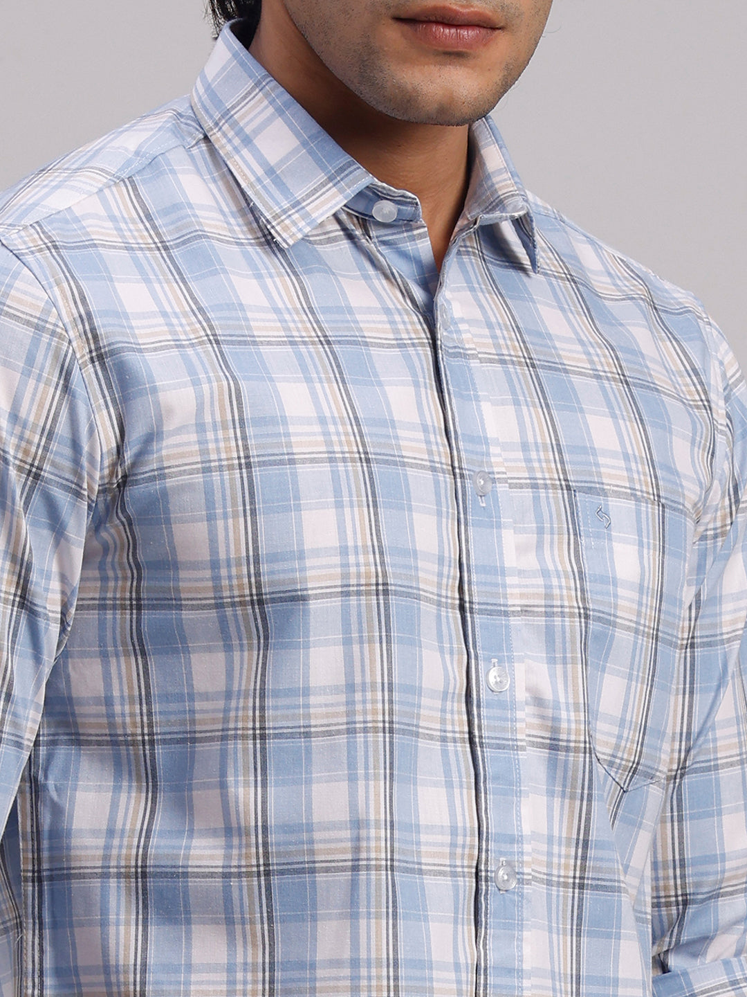 Classic Polo Men's Full Sleeve Blue/white Polo Neck Slim Fit Checked Cotton Casual Shirt | SR1-EL-12 B-FS-CHK-SF