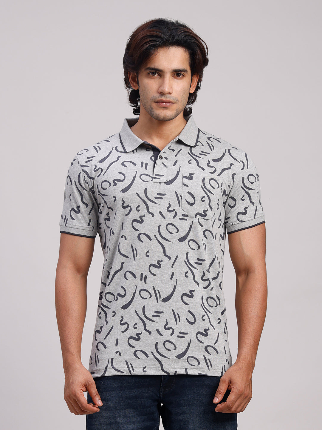 Classic Polo Men's Half Sleeve Grey/Black Polo Neck Slim Fit All-Over Print Cotton Blend T-Shirt | BELLO - 387 A SF P