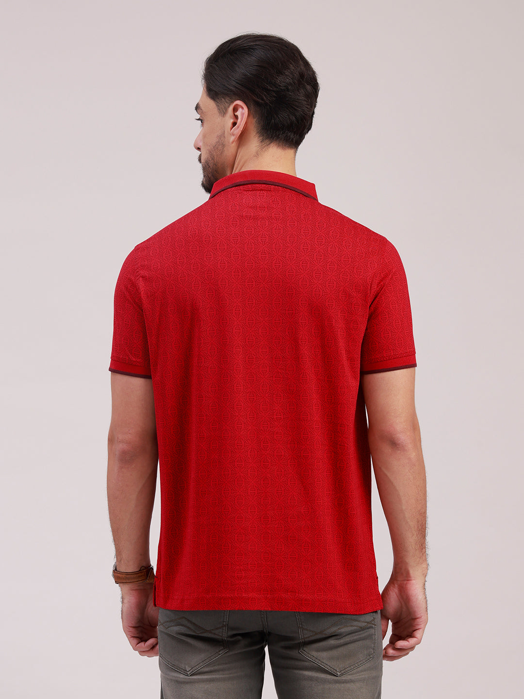 Classic Polo Men's Half Sleeve Red Polo Neck Slim Fit All-Over Print Cotton Blend T-Shirt | LTS-AOP - 125 A SF P