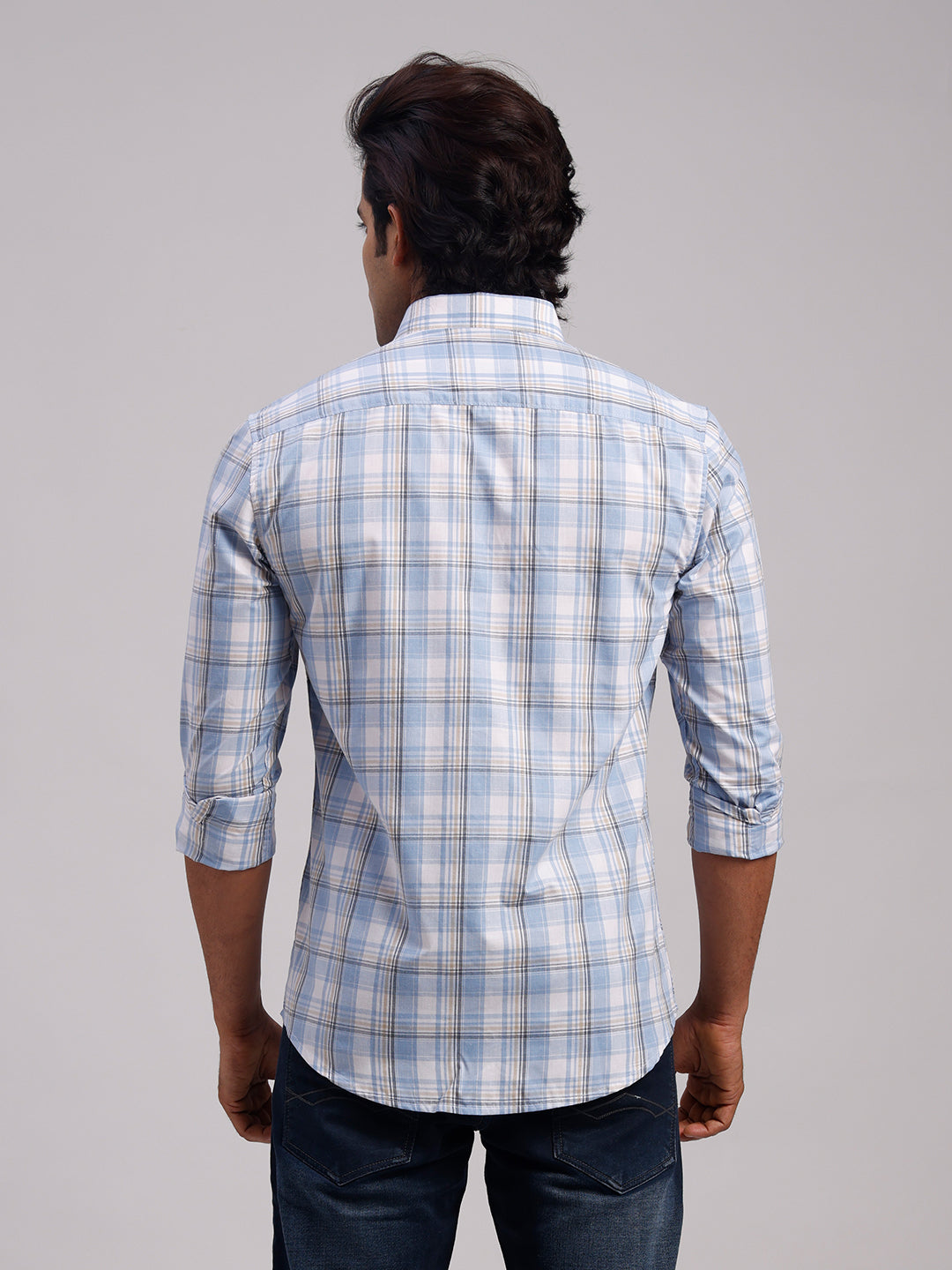 Classic Polo Men's Full Sleeve Blue/white Polo Neck Slim Fit Checked Cotton Casual Shirt | SR1-EL-12 B-FS-CHK-SF