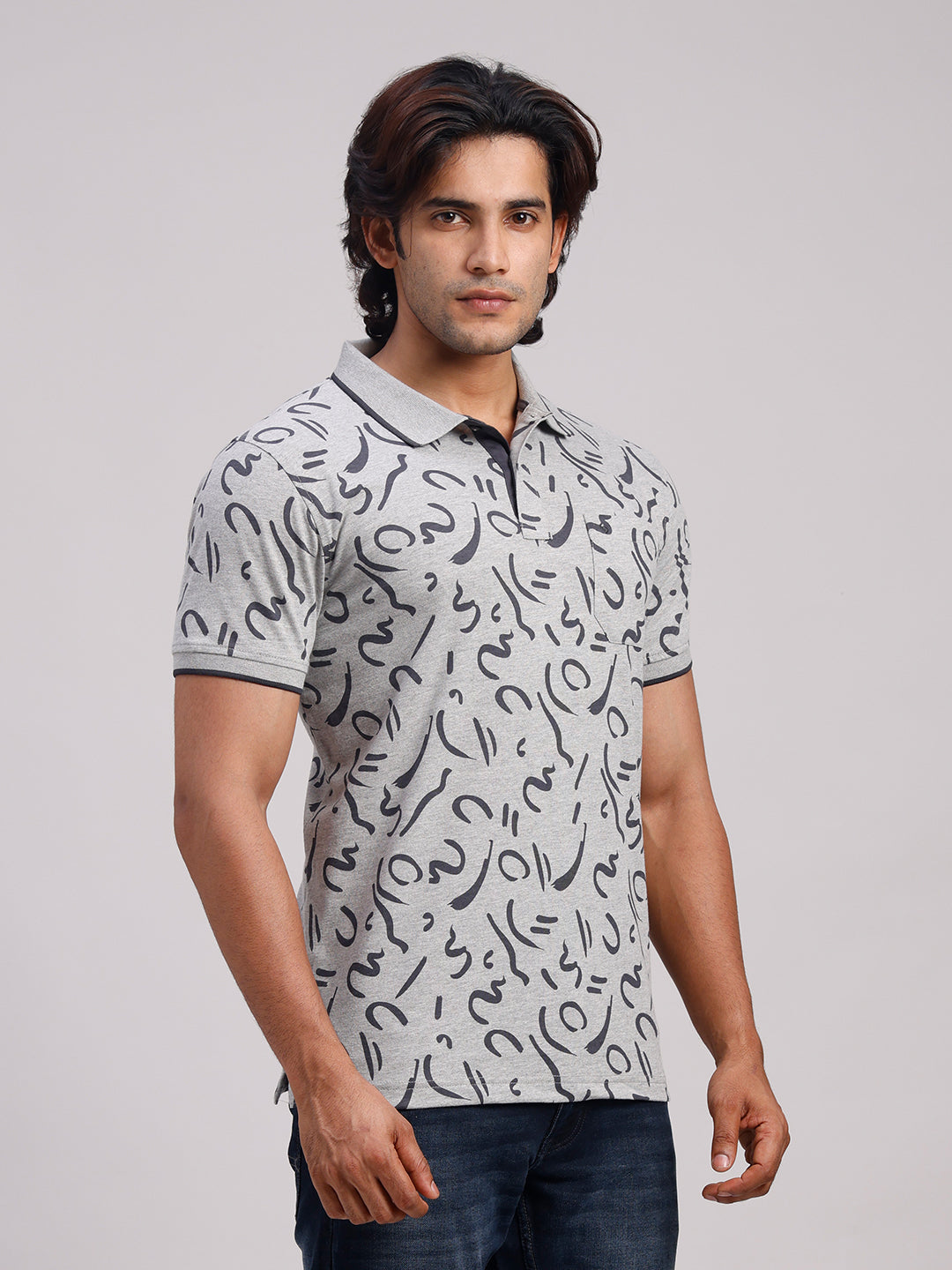 Classic Polo Men's Half Sleeve Grey/Black Polo Neck Slim Fit All-Over Print Cotton Blend T-Shirt | BELLO - 387 A SF P