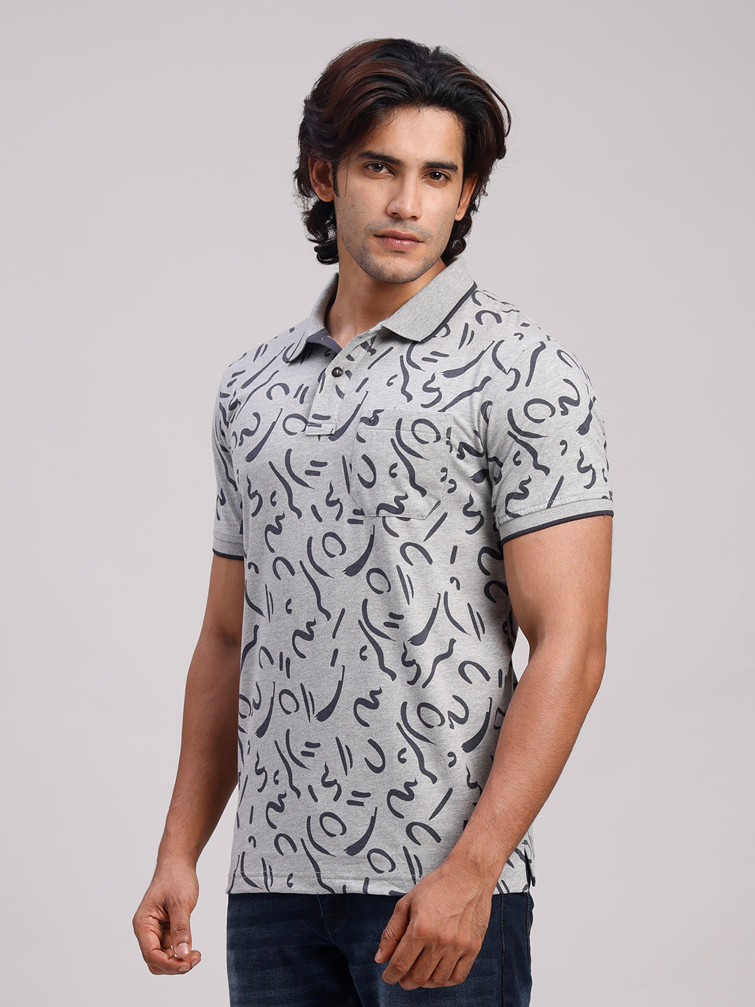 Classic Polo Men's Half Sleeve Grey/Black Polo Neck Slim Fit All-Over Print Cotton Blend T-Shirt | BELLO - 387 A SF P