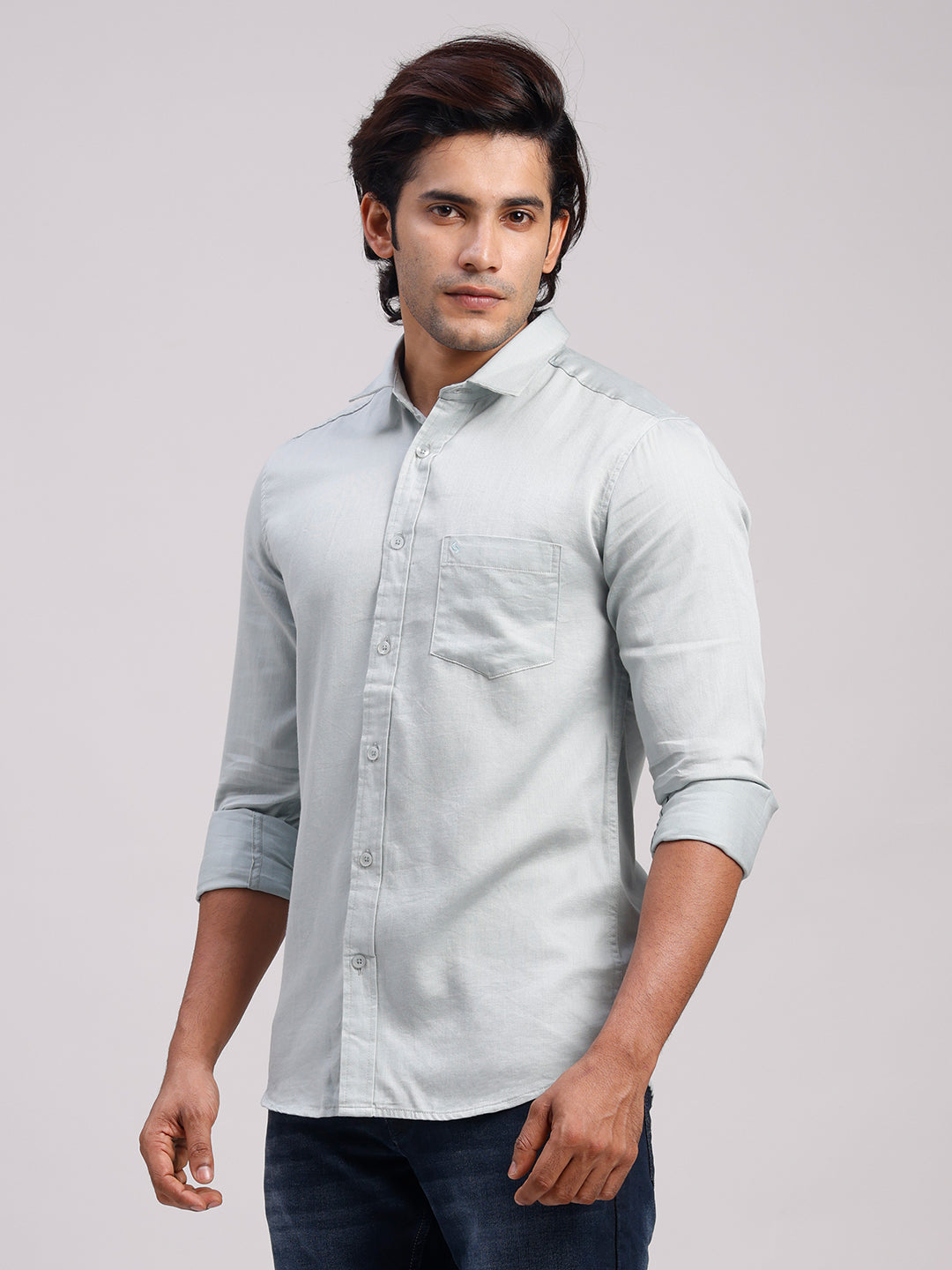 Classic Polo Men's Full Sleeve Light Green Polo Neck Slim Fit Solid Cotton Casual Shirt | LSHR1-GN-11 A-FS-SLD-SF