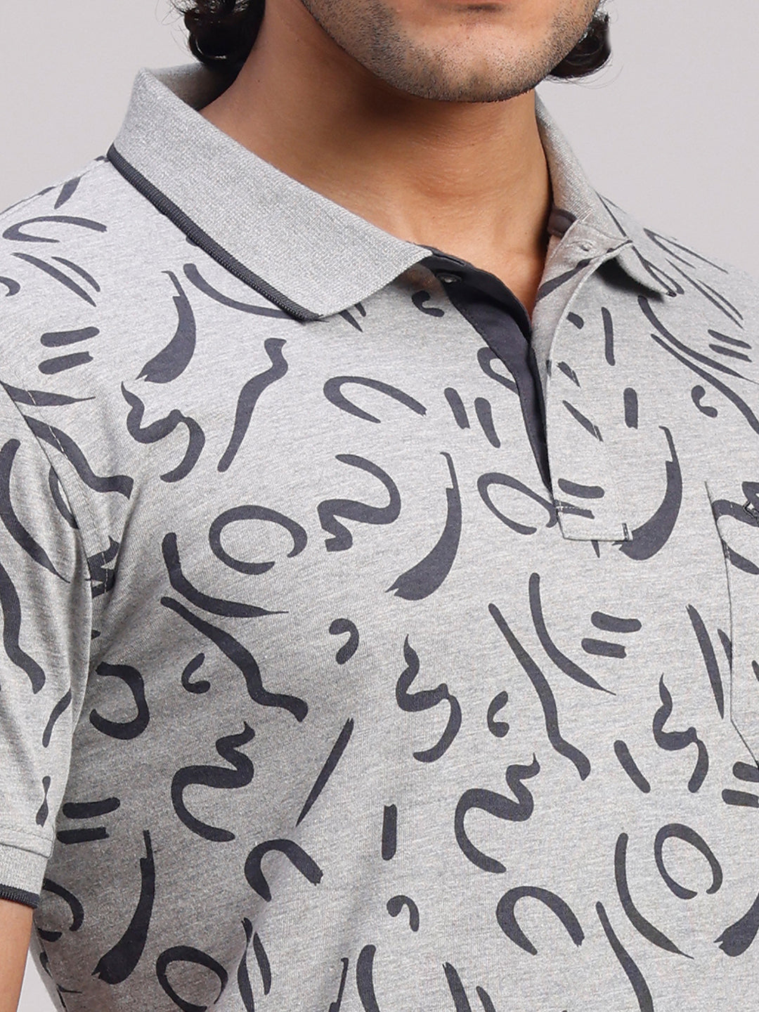 Classic Polo Men's Half Sleeve Grey/Black Polo Neck Slim Fit All-Over Print Cotton Blend T-Shirt | BELLO - 387 A SF P